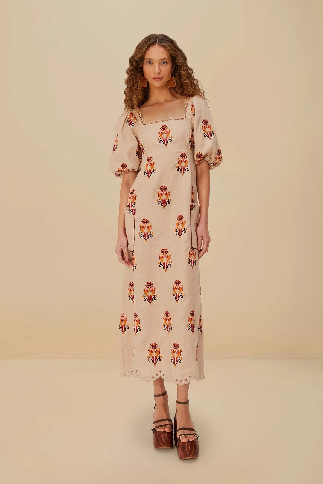 Candle Glow Rose Embroidered Macaw Euroflax? Premium Linen Maxi Dress