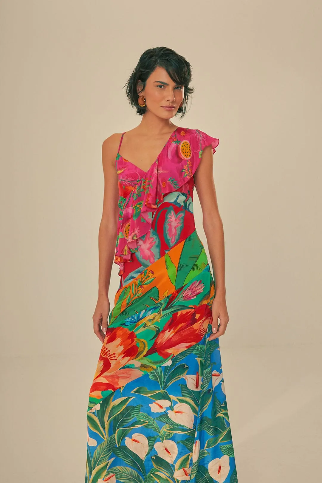 Mixed Flowery Rufle One Strap Midi Dress Modern Comfort Soft-touch day dress