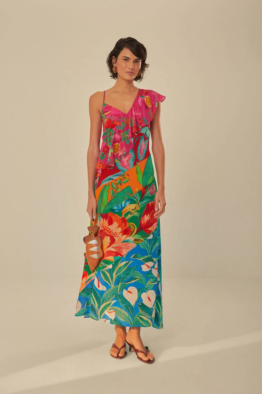 Mixed Flowery Rufle One Strap Midi Dress Dew Drop