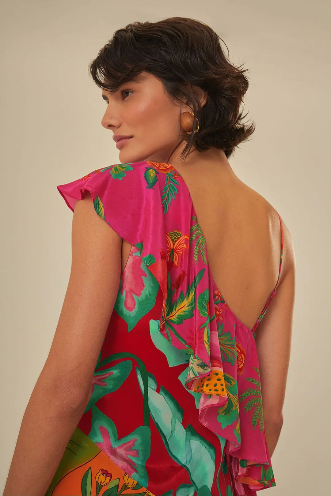 Mixed Flowery Rufle One Strap Midi Dress Dew Drop