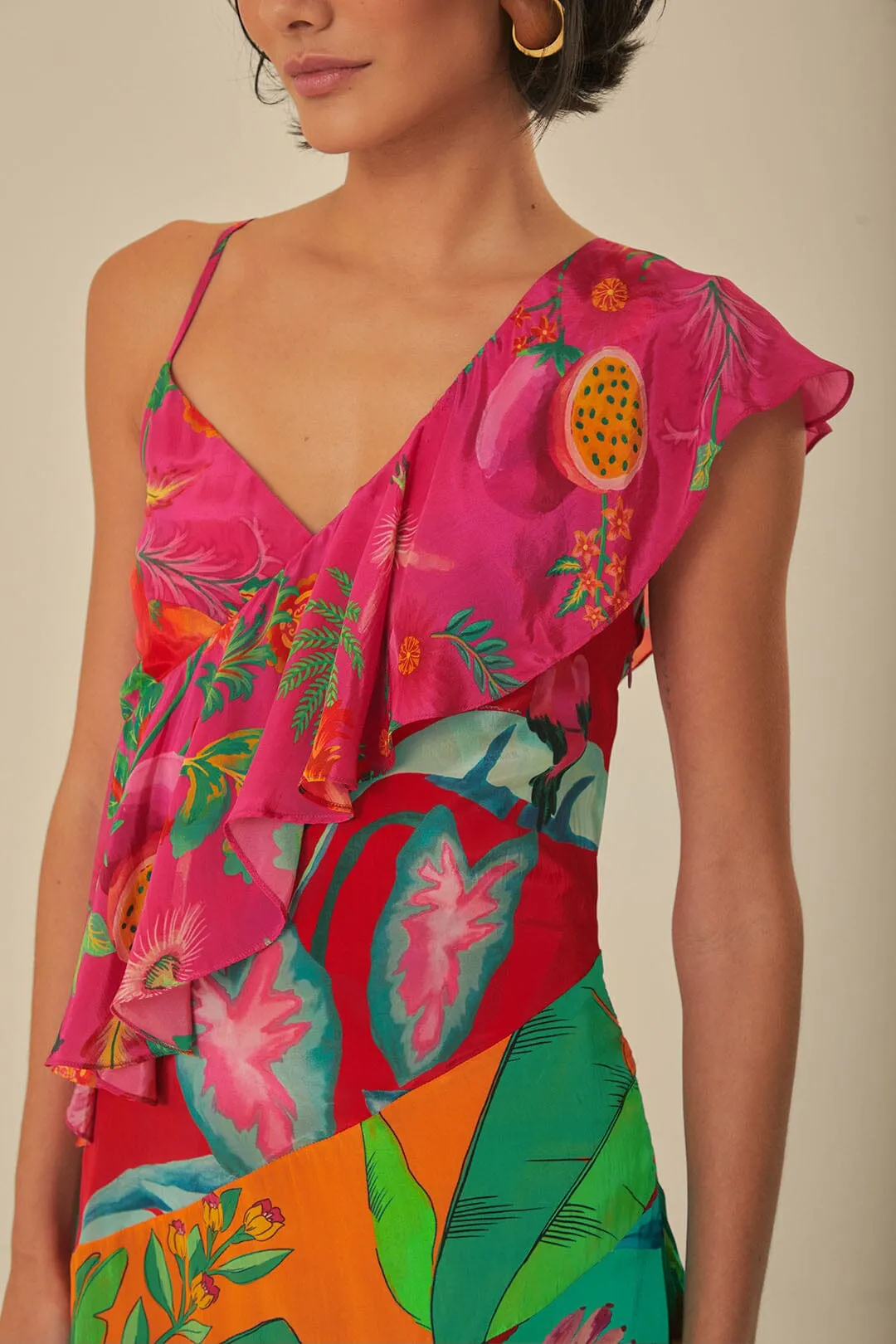 Mixed Flowery Rufle One Strap Midi Dress Scandi Clean Comfortable formal midi