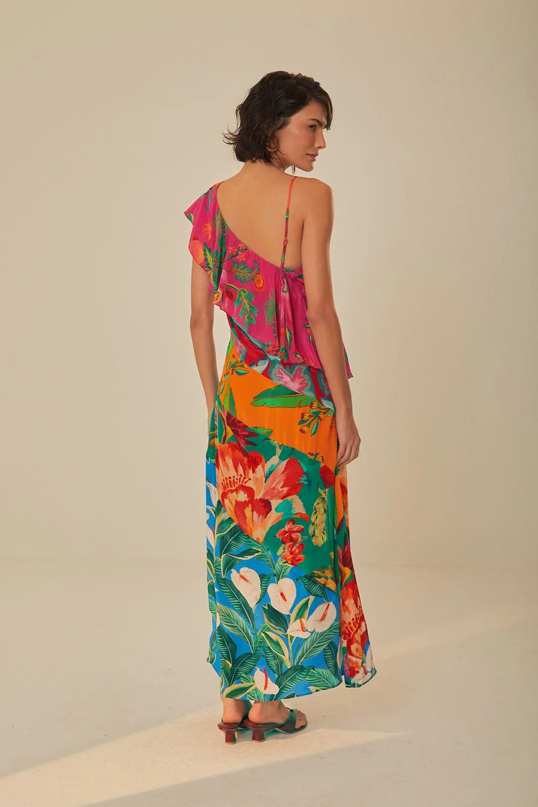 Mixed Flowery Rufle One Strap Midi Dress Amber Light Bohemian-inspired midi