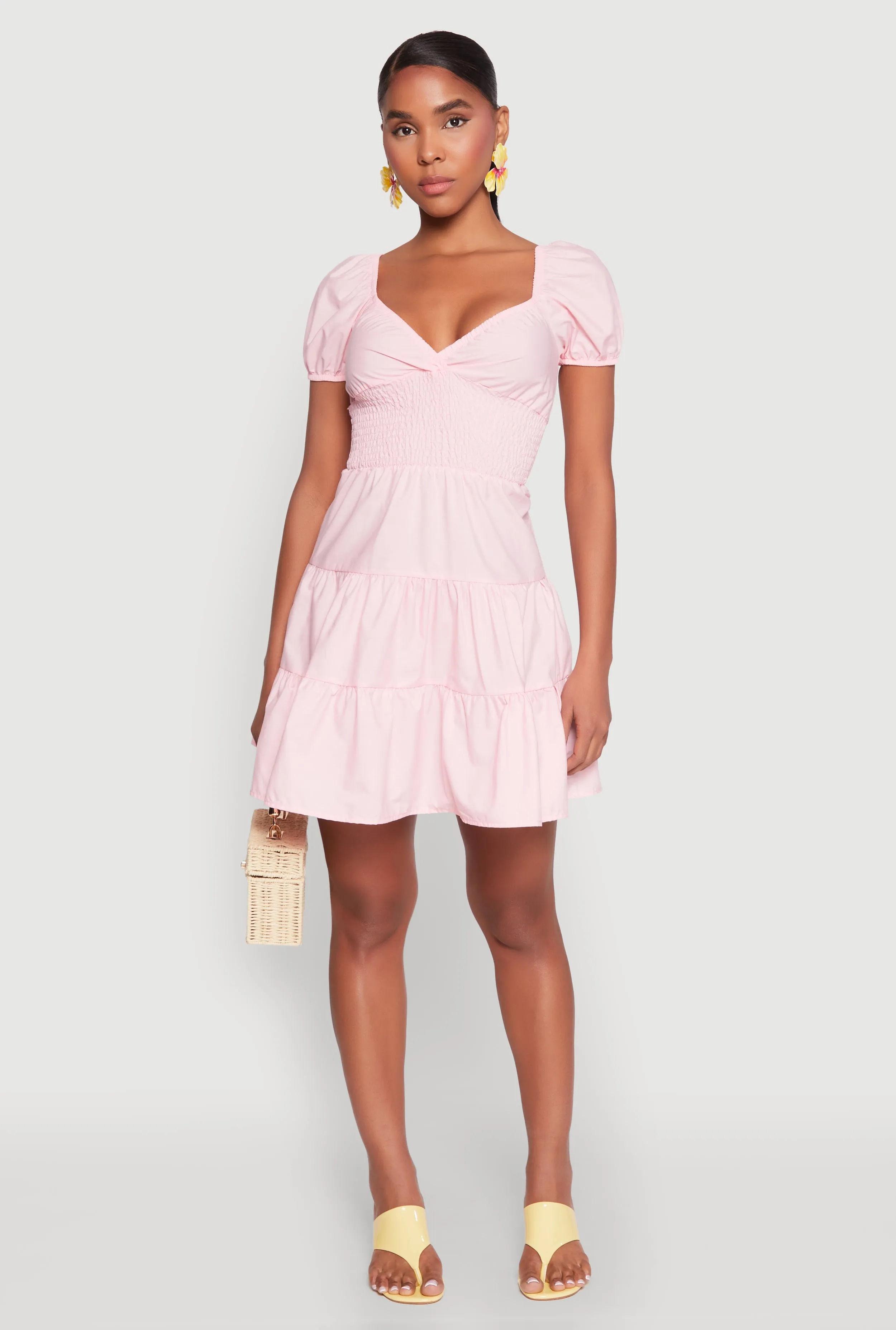 Light Star Adaptive Sizing System Puff Sleeve Sweetheart Tiered Mini Dress