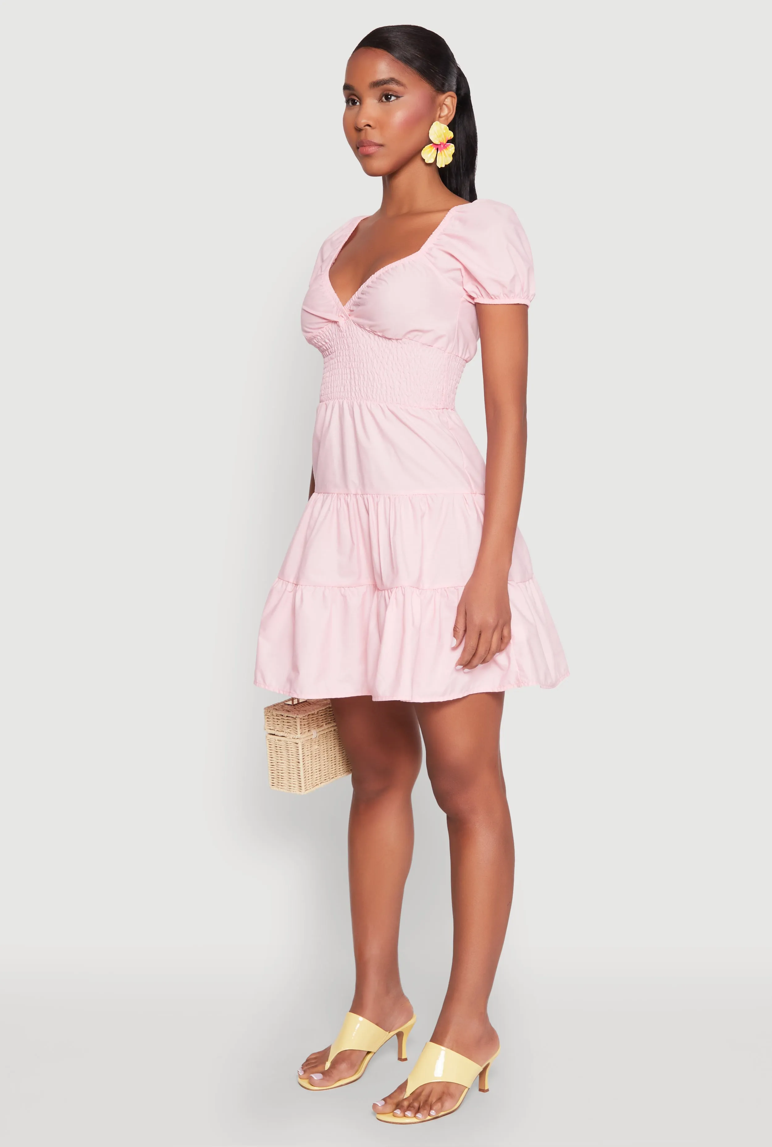 Club Light Invisible Zipper Closure Puff Sleeve Sweetheart Tiered Mini Dress