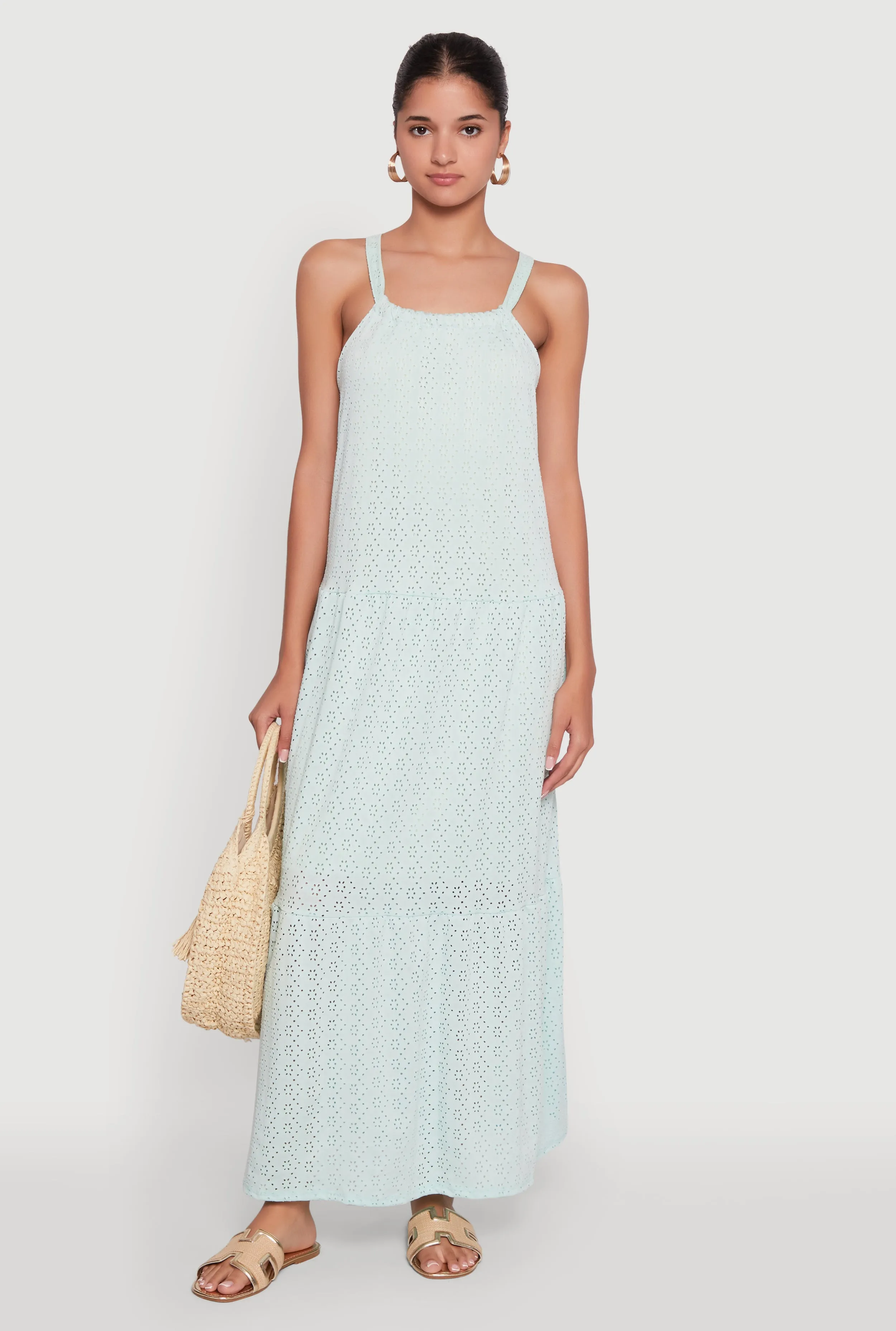 The relaxed fit of this maxi dress ensures all-day comfort while maintaining a stylish look Eyelet Tiered A-Line Maxi Dress