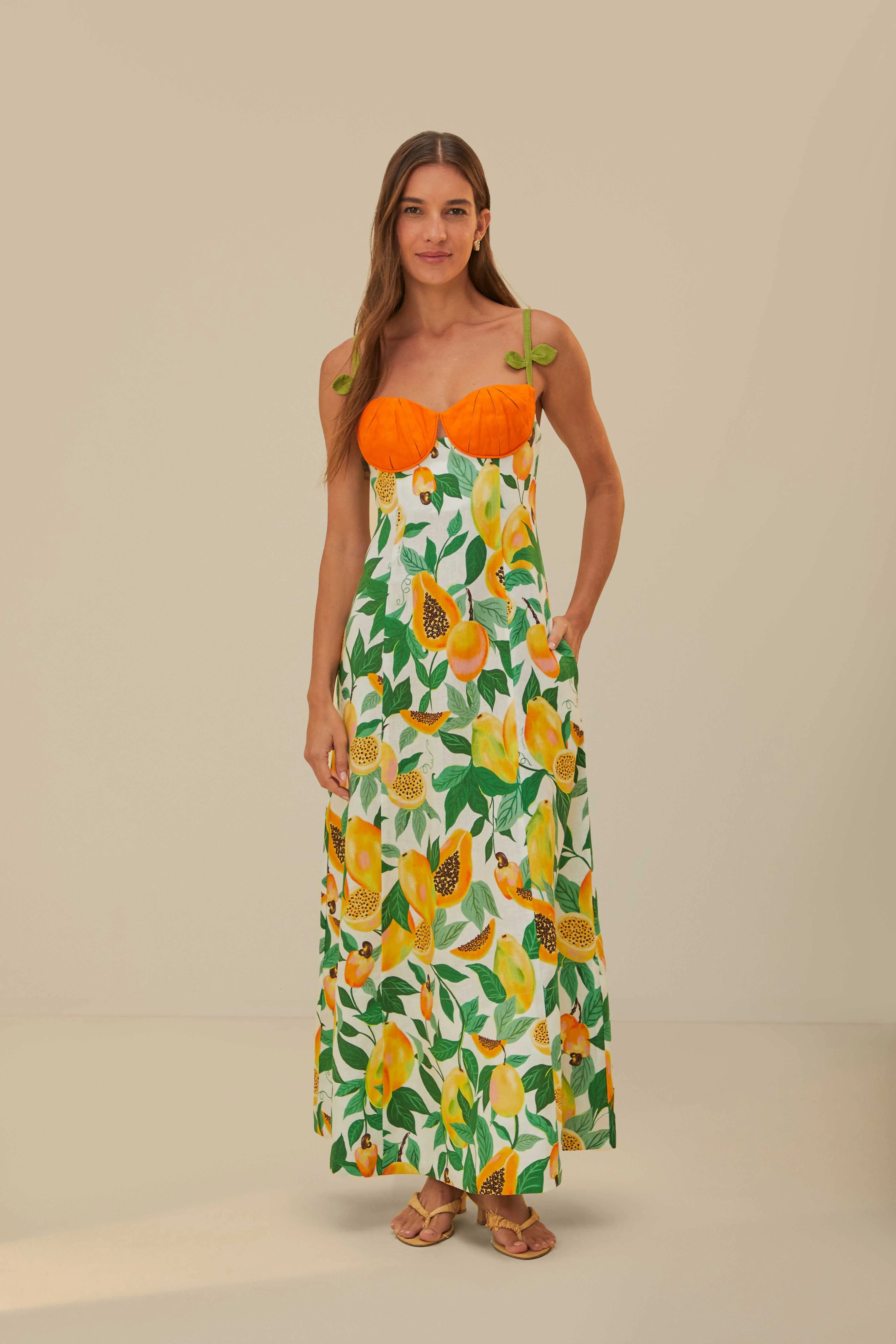 Boat Neck Papaya Salad Scarf Sleeveless Maxi Dress
