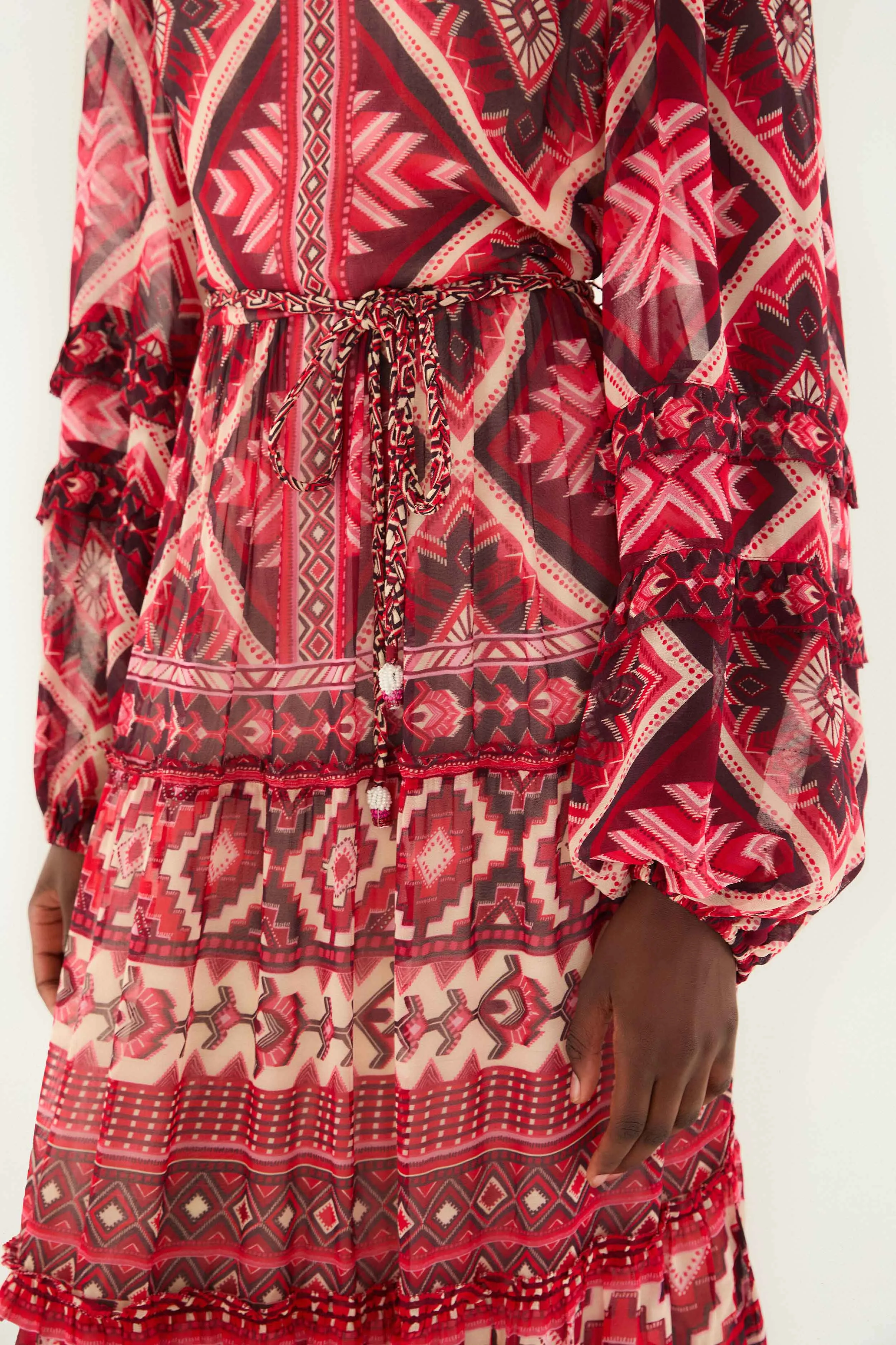 Agate Shine Red Graphic Ainika Belted Tiered Maxi Dress