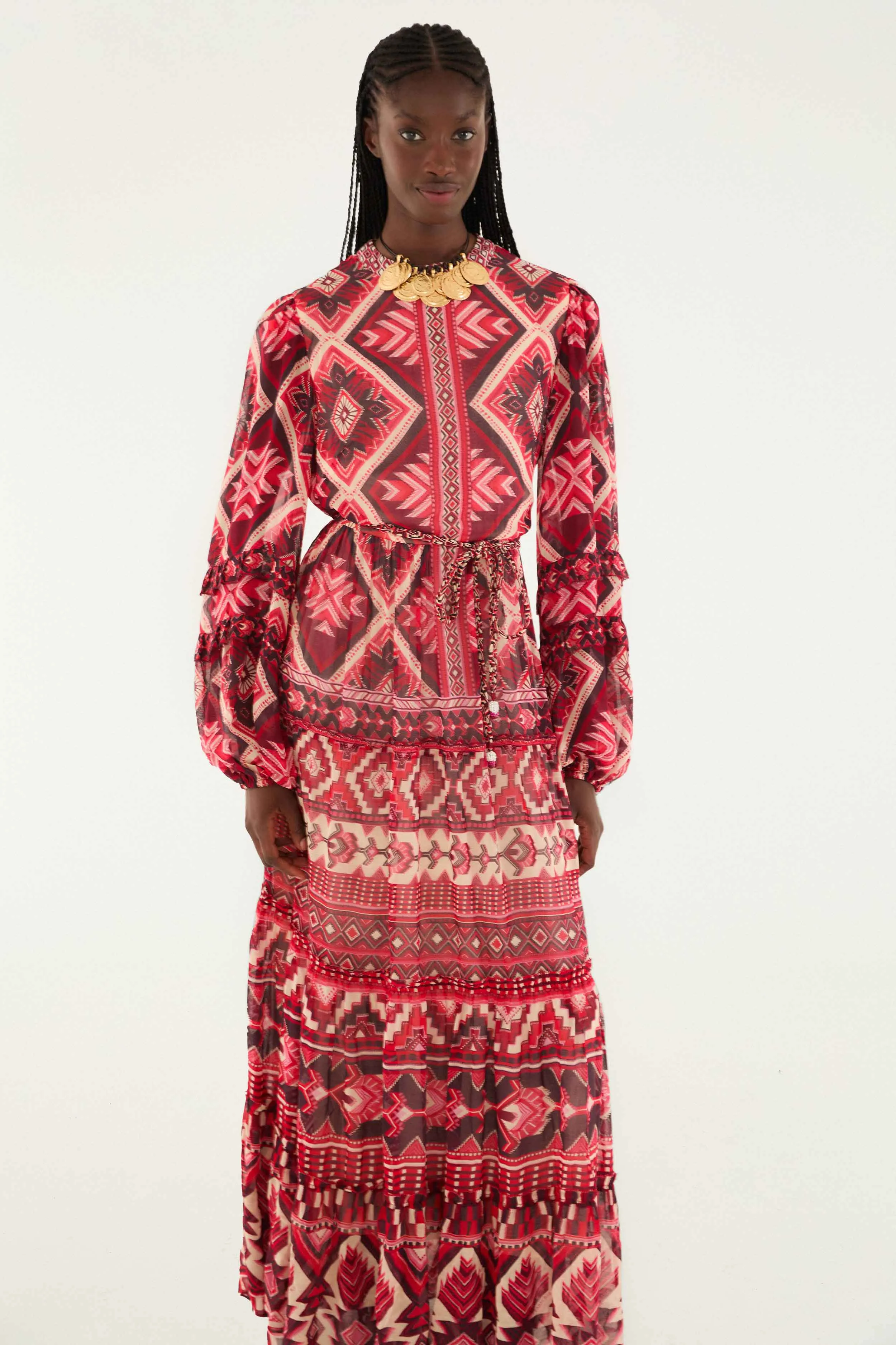 Peach Soft Calm Air Red Graphic Ainika Belted Tiered Maxi Dress