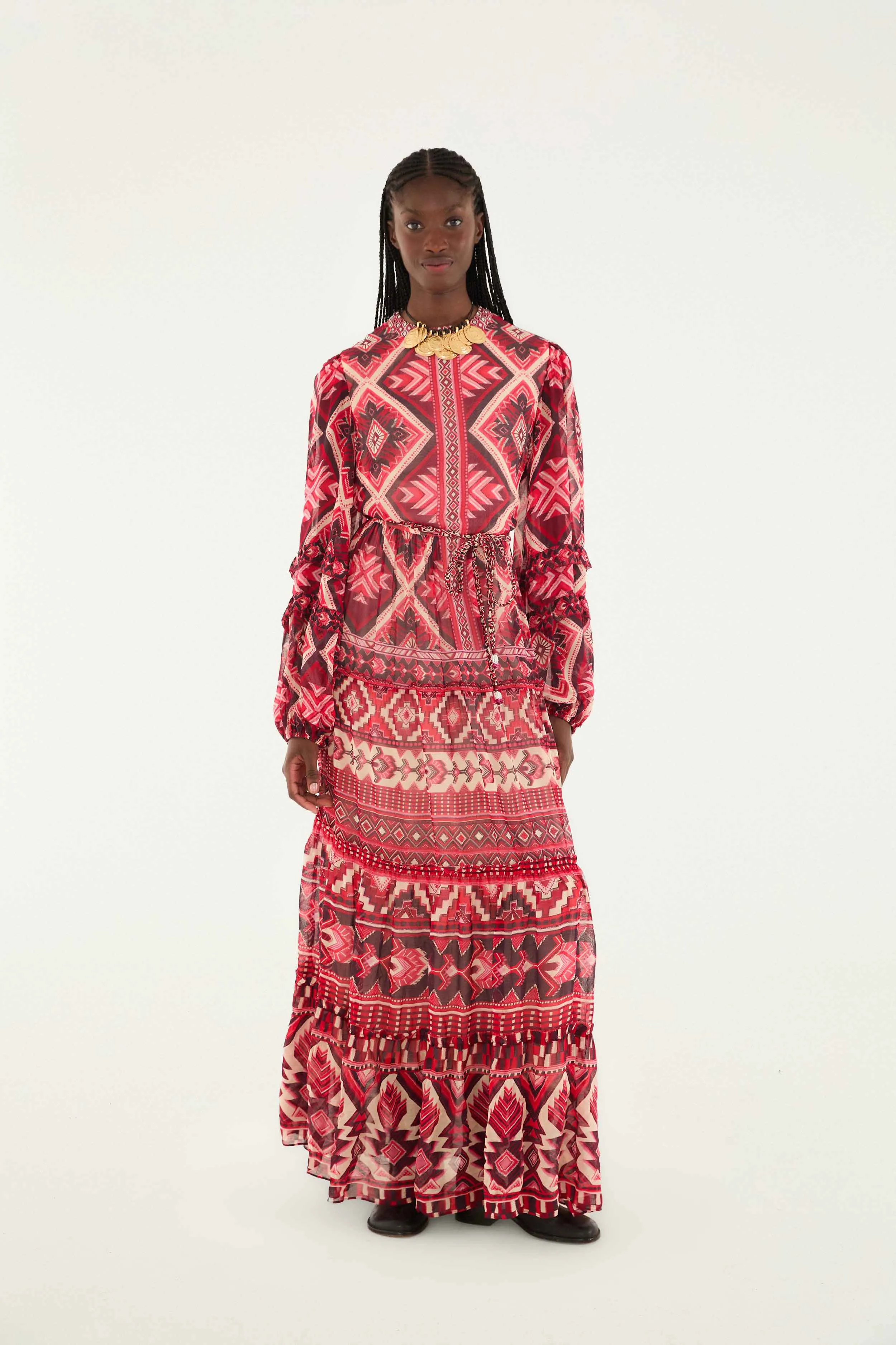 Lamp Glow Red Graphic Ainika Belted Tiered Maxi Dress