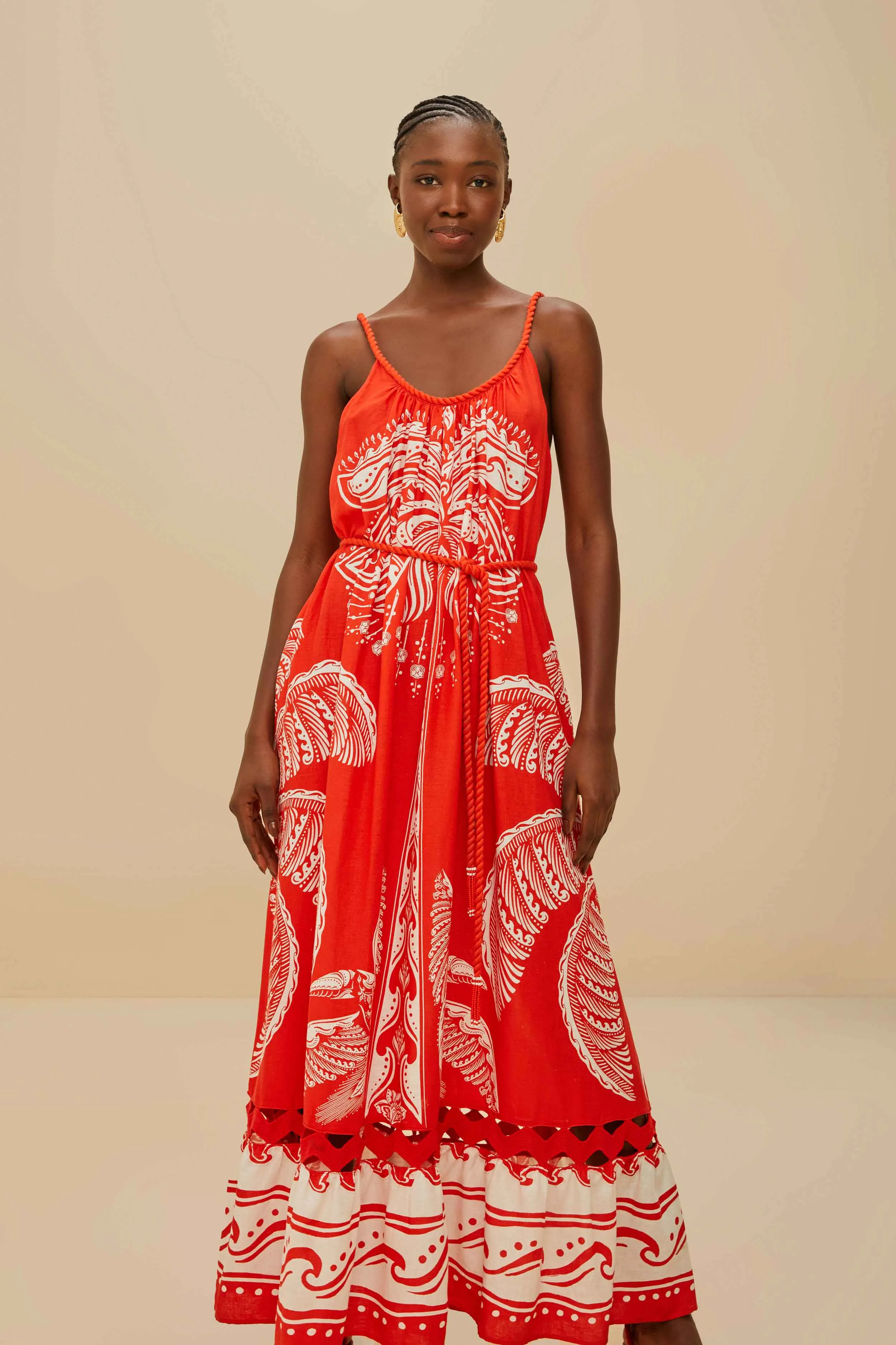 Red Majestic Coconut Tree LENZING? ECOVERO? Euroflax? Maxi Dress Court Path Flow River