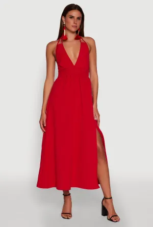 Ocean Blue Vintage Love Trendy Plunge Halter Tie Maxi Dress with Criss Cross Back Straps