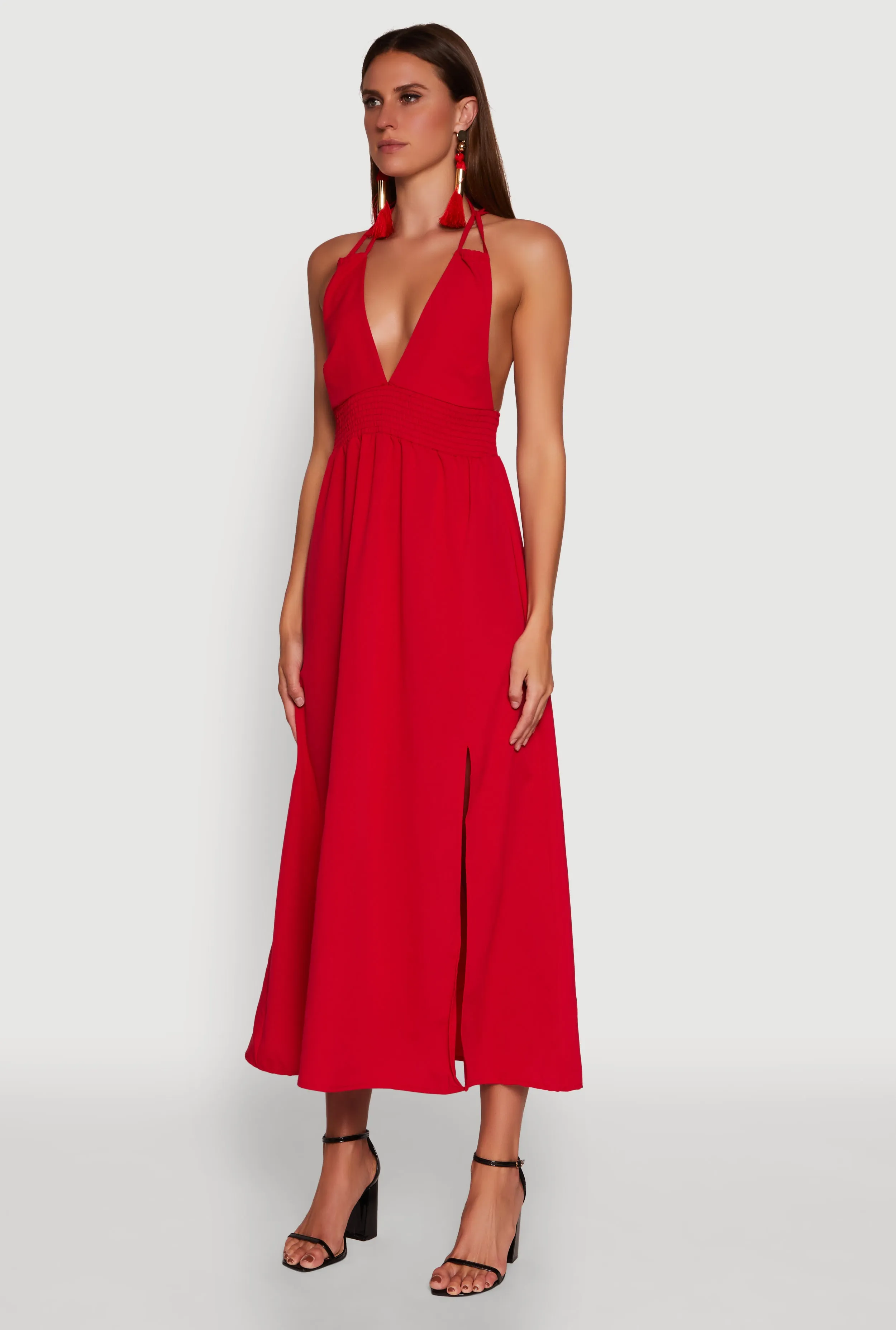 Trendy Plunge Halter Tie Maxi Dress with Criss Cross Back Straps Tulip Glow Turquoise Shine