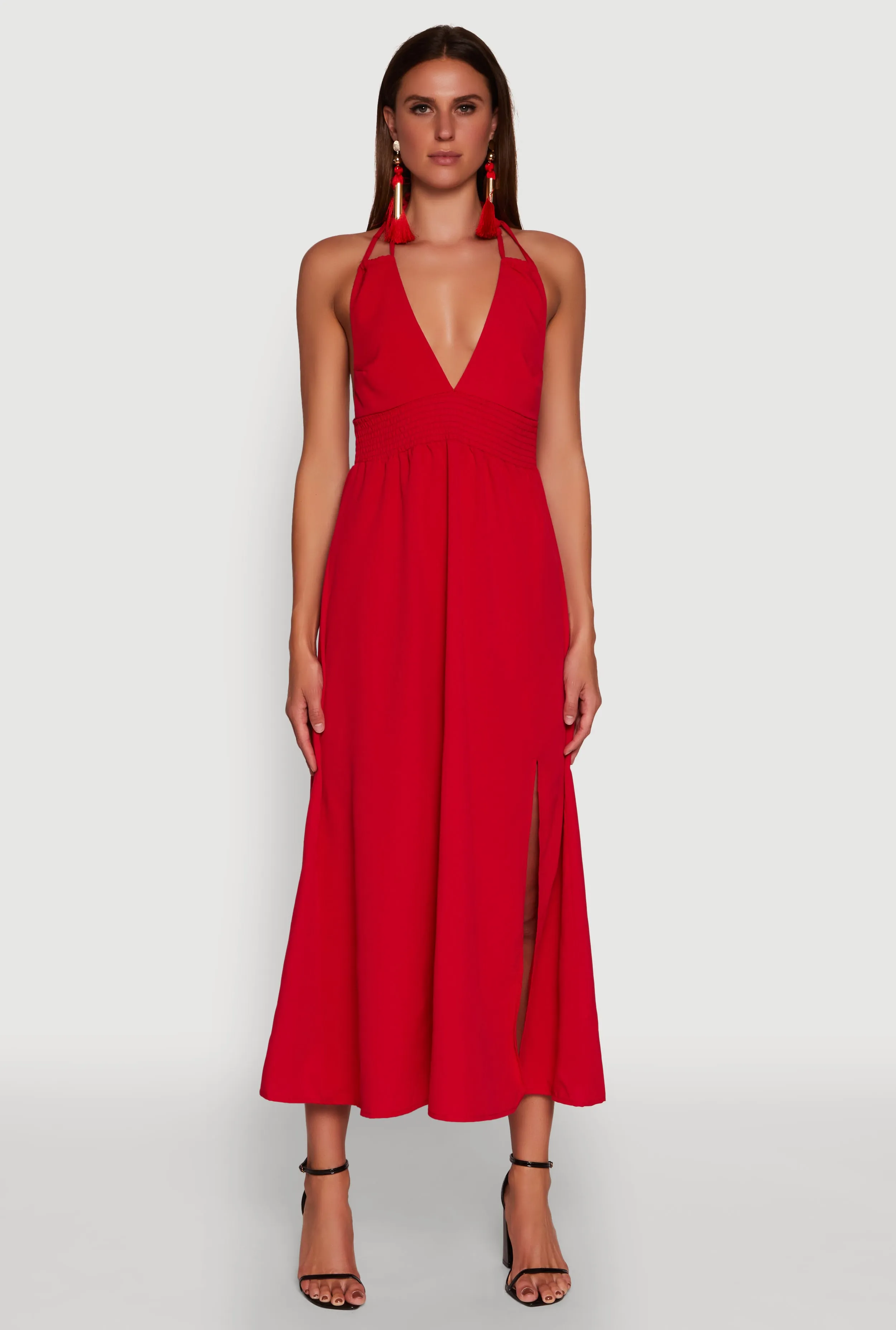 Breeze Path Georgette Flow Trendy Plunge Halter Tie Maxi Dress with Criss Cross Back Straps