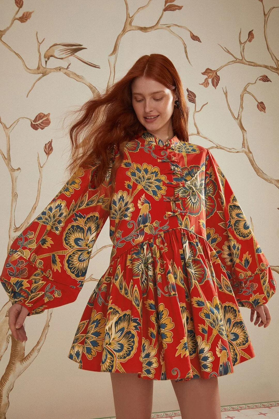 Red Maxi Floral Long Sleeve Mini Dress Pop Fresh Urban Beat