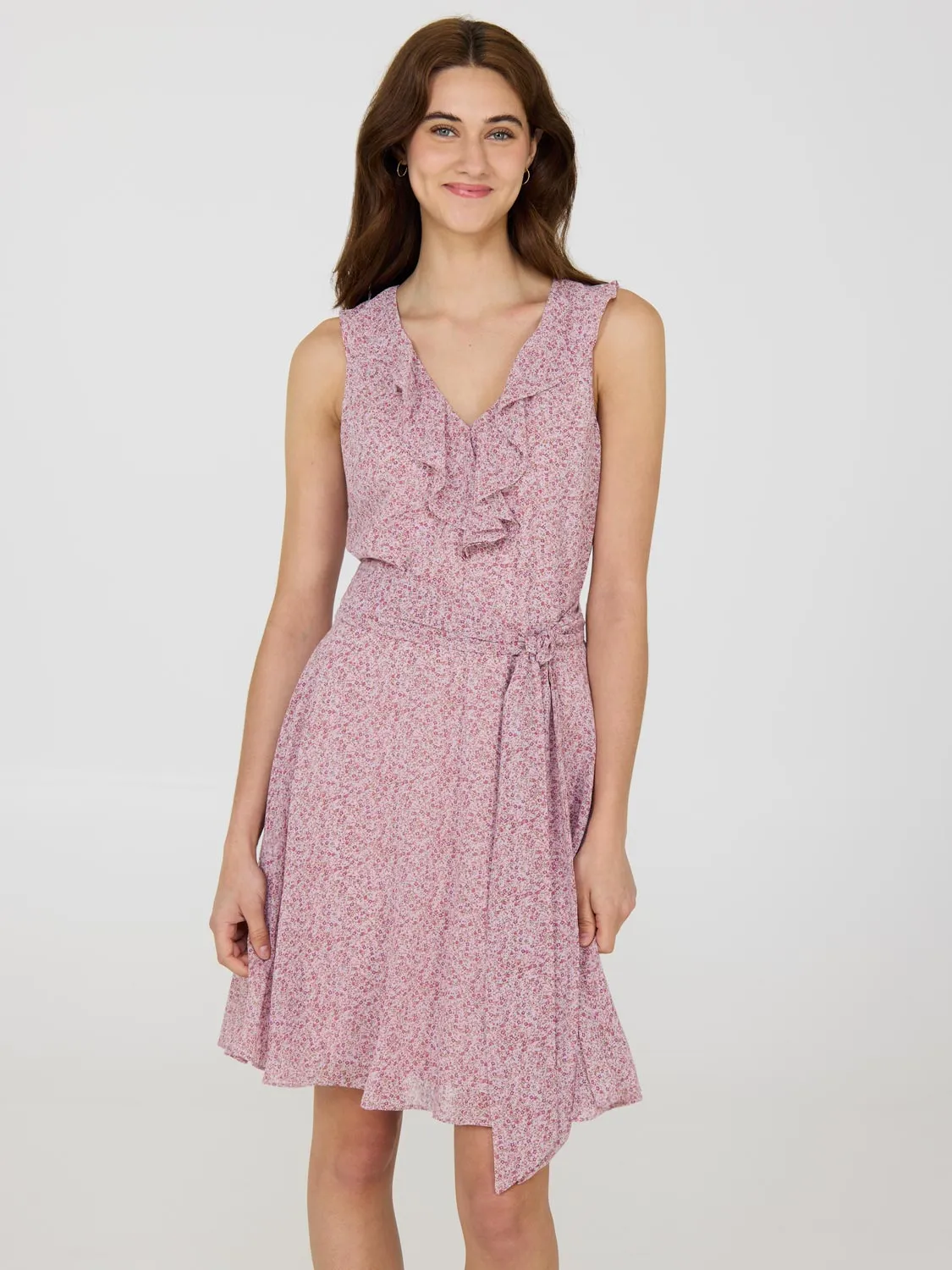 Ditsy Floral Ruffle V-Neck Chiffon Mini Dress Flirty Fashion Figure Pop
