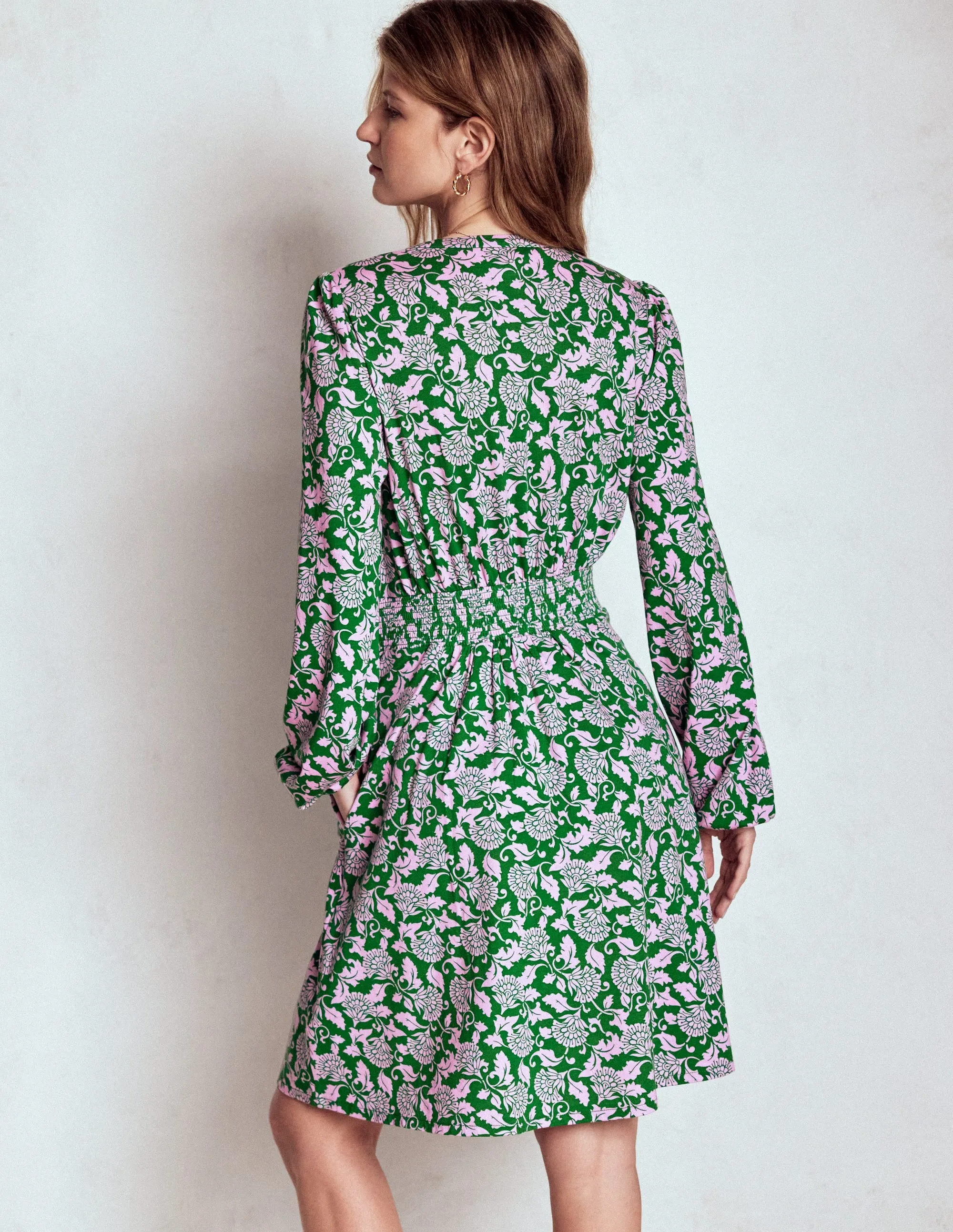 Bright patterned mini for spring Fearless Charm Sarah Short Jersey Dress-Rich Emerald, Ornate Vine