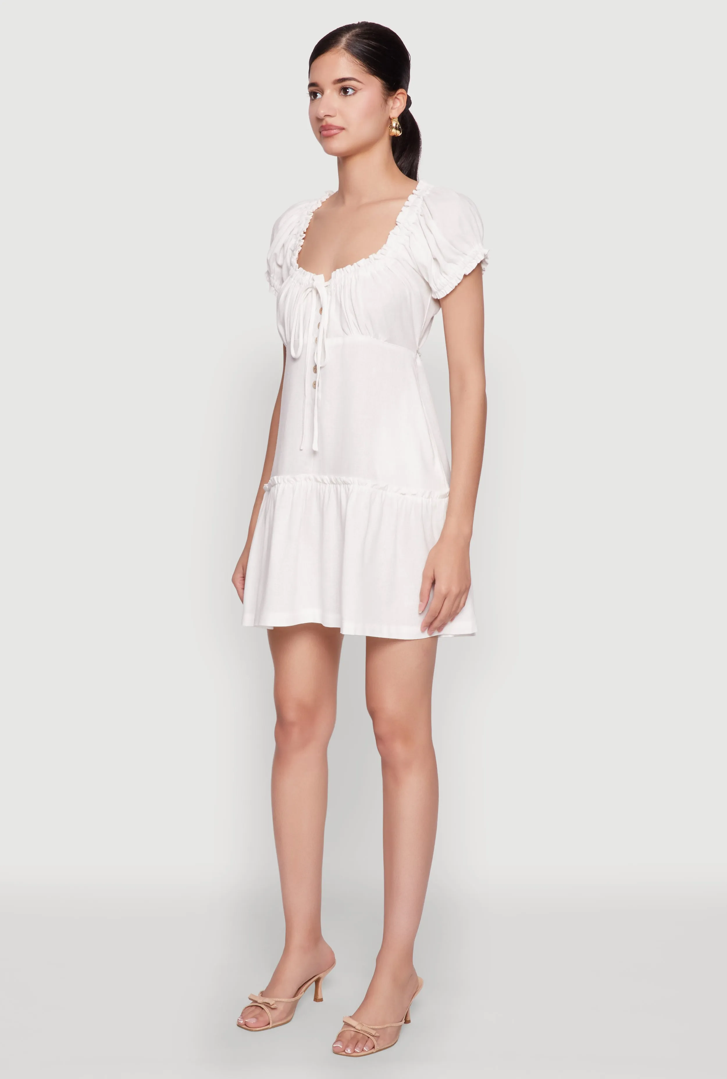 Square Neck Tie Front Mini Peasant Dress Quick Scene