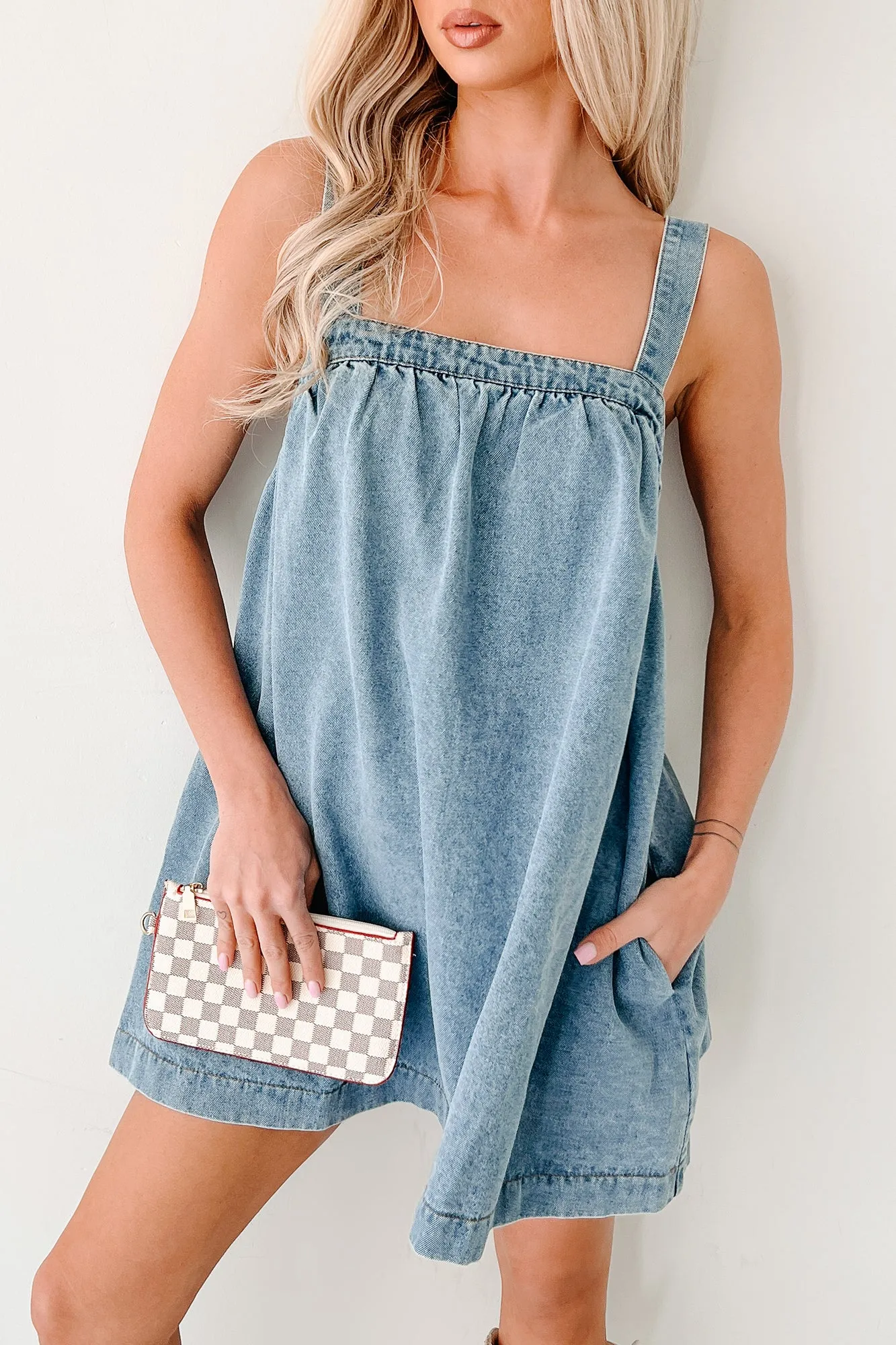 Day By Day Sleeveless Babydoll Mini Dress (Denim) Light and breezy mini