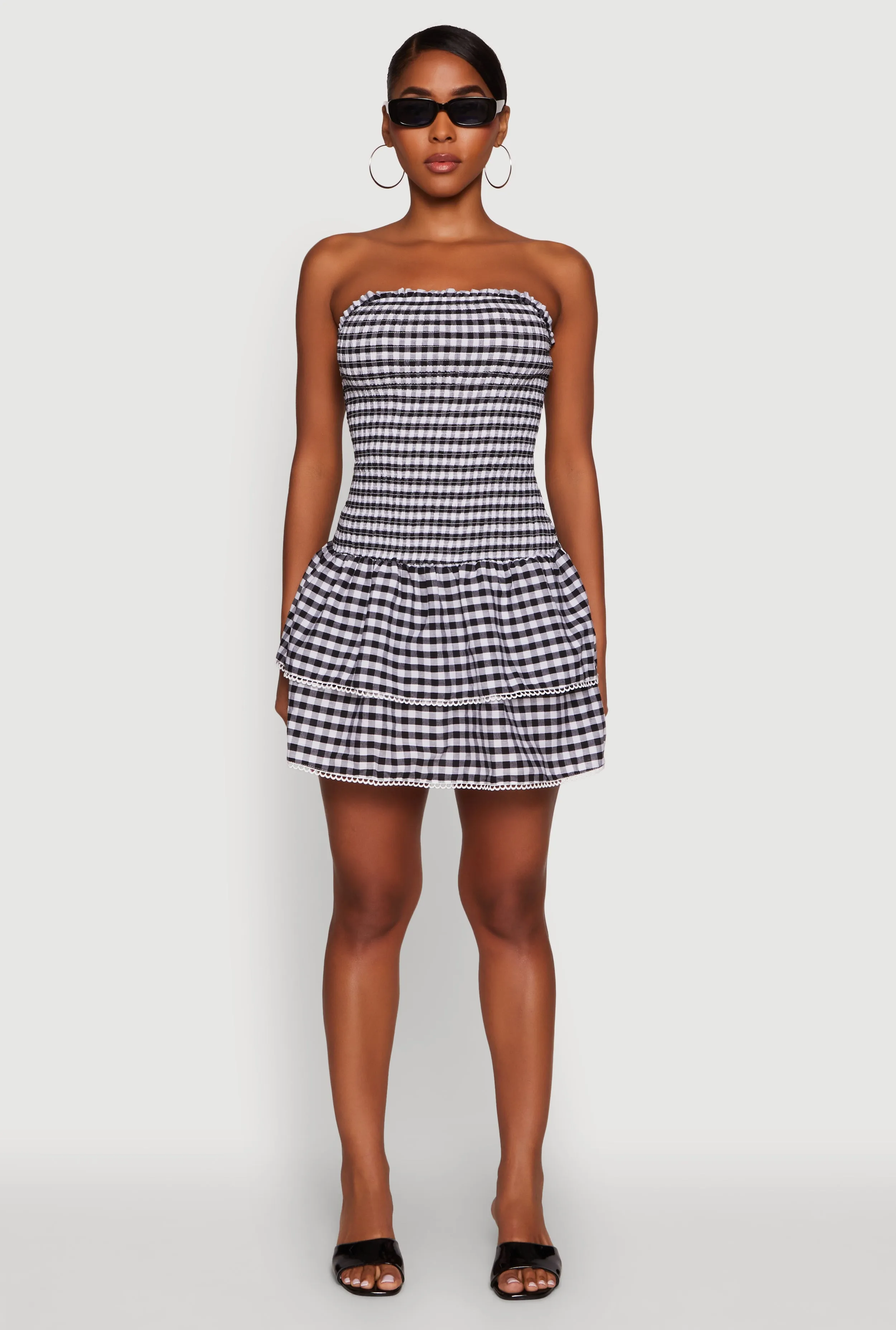 Minimalist Closure Youthful Fashion Haute Monde Gingham Strapless Tiered Skater Dress