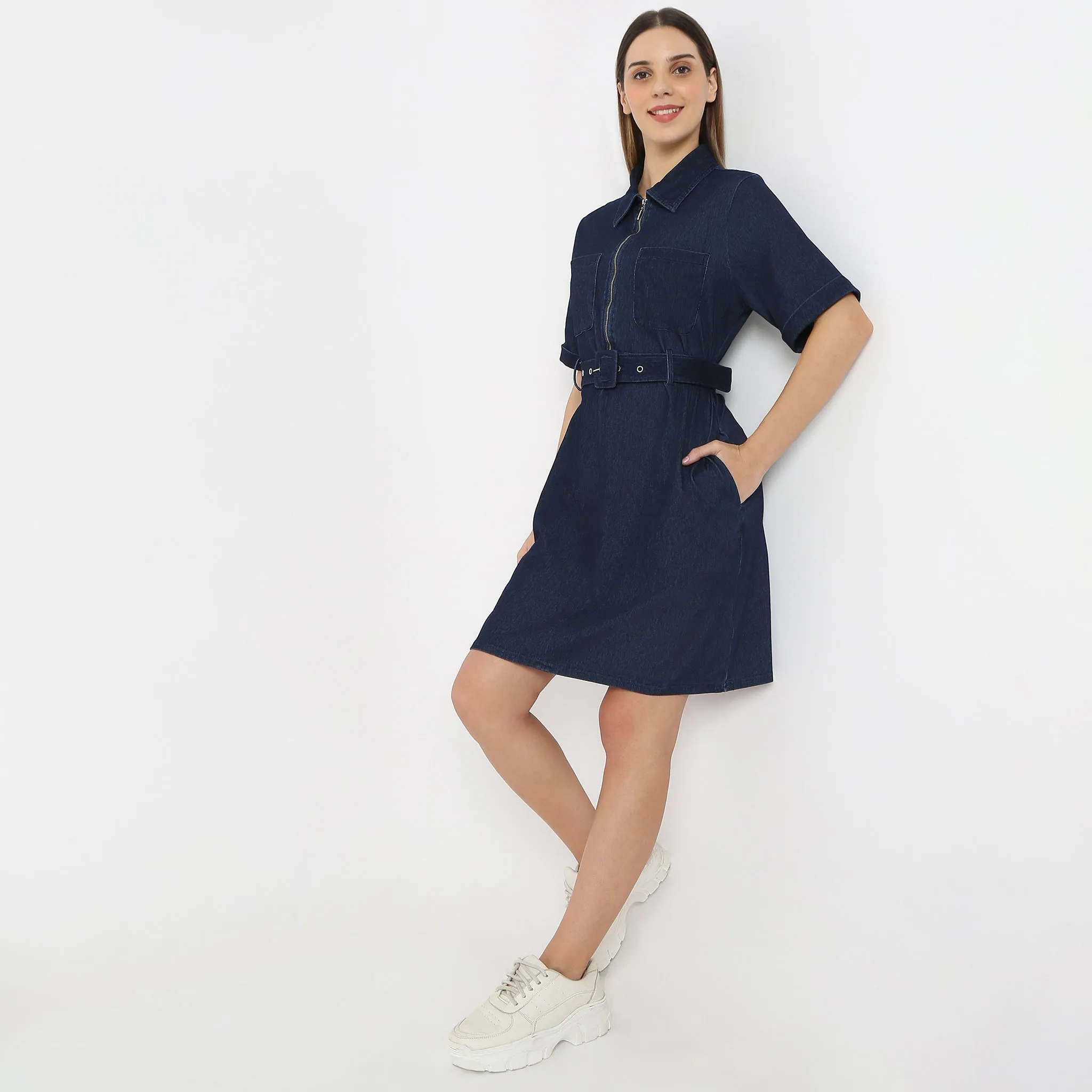 Solid Knee Length Knitted Indigo Pull On Zipper Dress With Belt Look Organic Cotton Certification Bead Soul