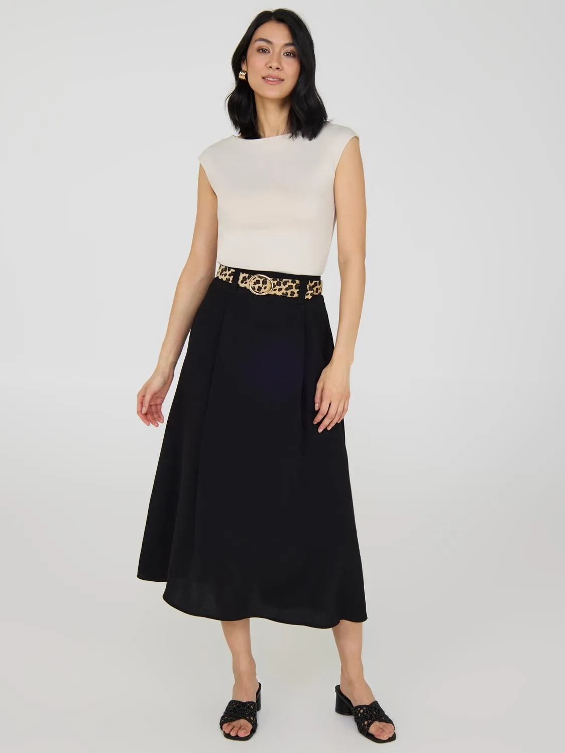 Belted A-Line Midi Skirt Mall Brand Look Office Appropriate