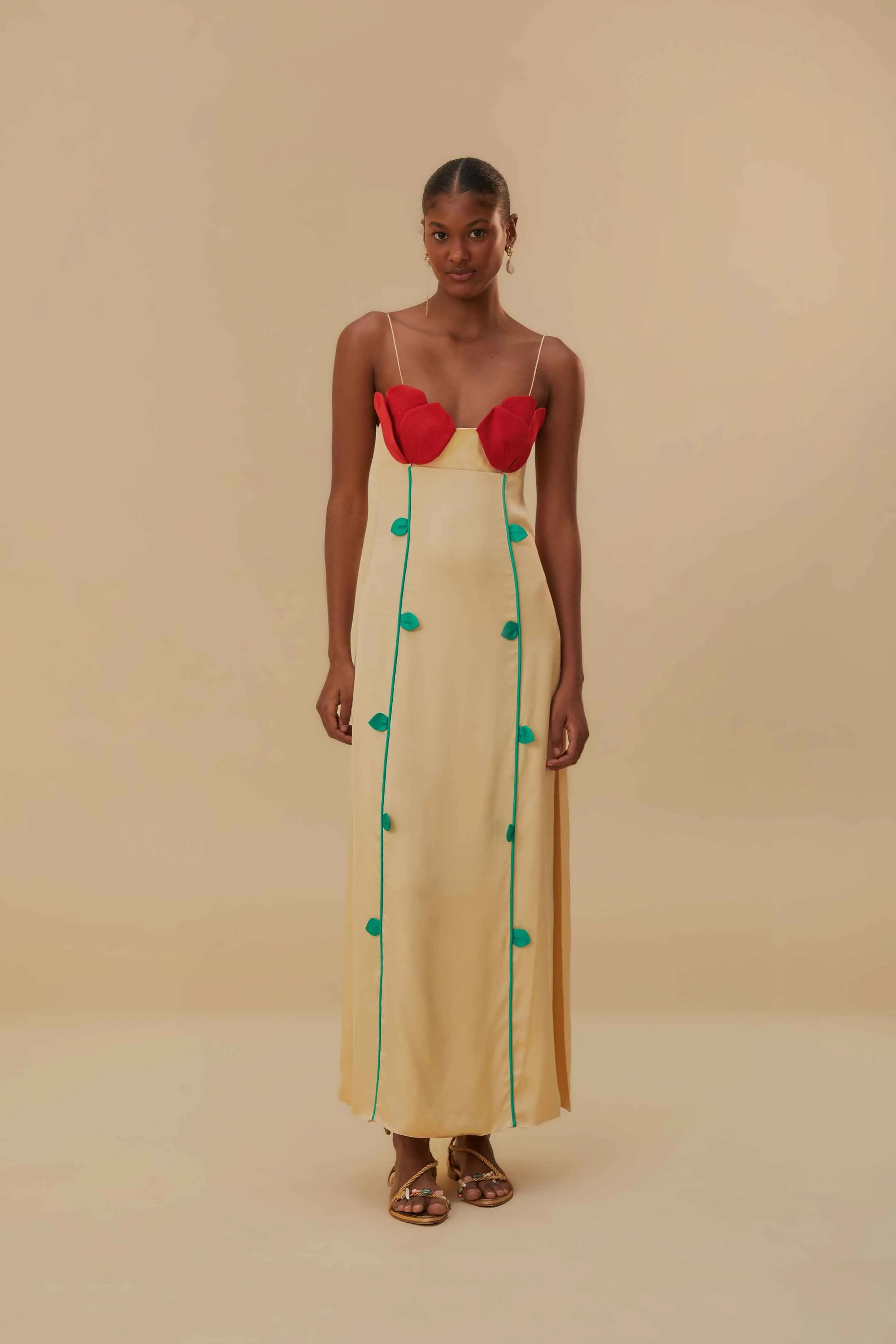 Bold Hue Beige Rose Shaped Bodice Sleeveless Maxi Dress
