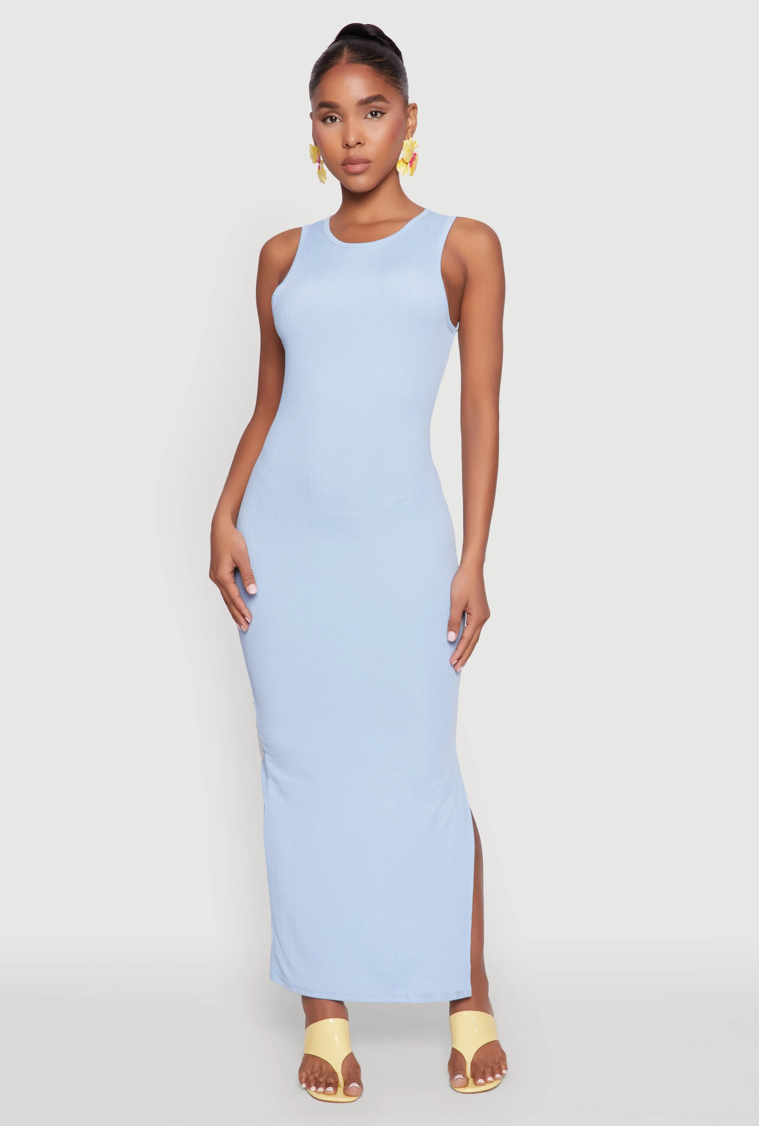 Jade Glow Lantern Arm Rib Knit Side Slit Maxi Dress