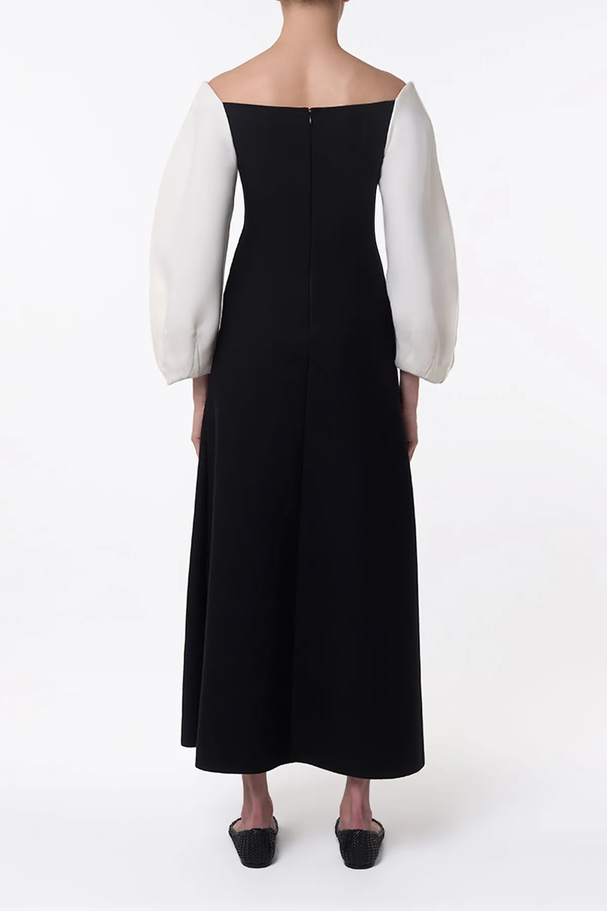 Rain Fit NonRestrictive Movement Dee Maxi Dress in Ivory & Black Wool Crepe