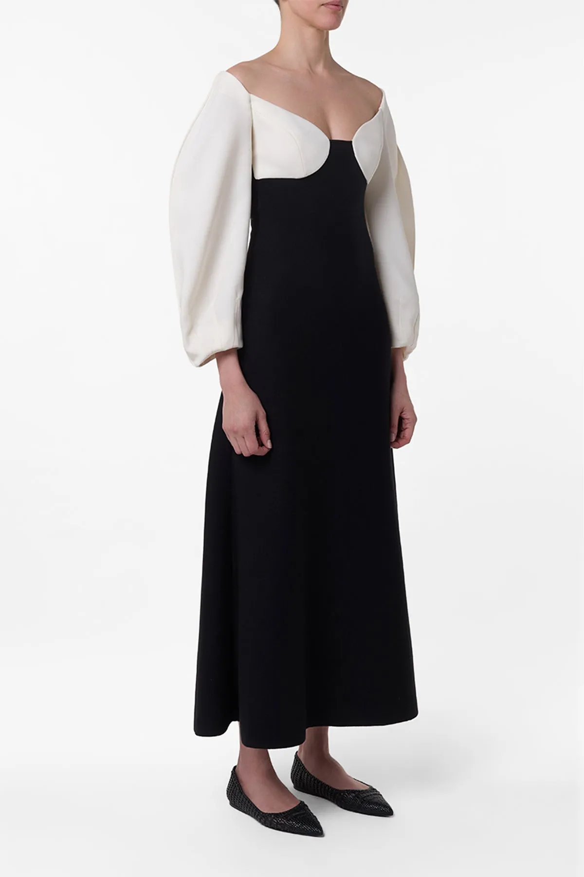 Dee Maxi Dress in Ivory & Black Wool Crepe FourWay Stretch TensionAdjustedWaistband