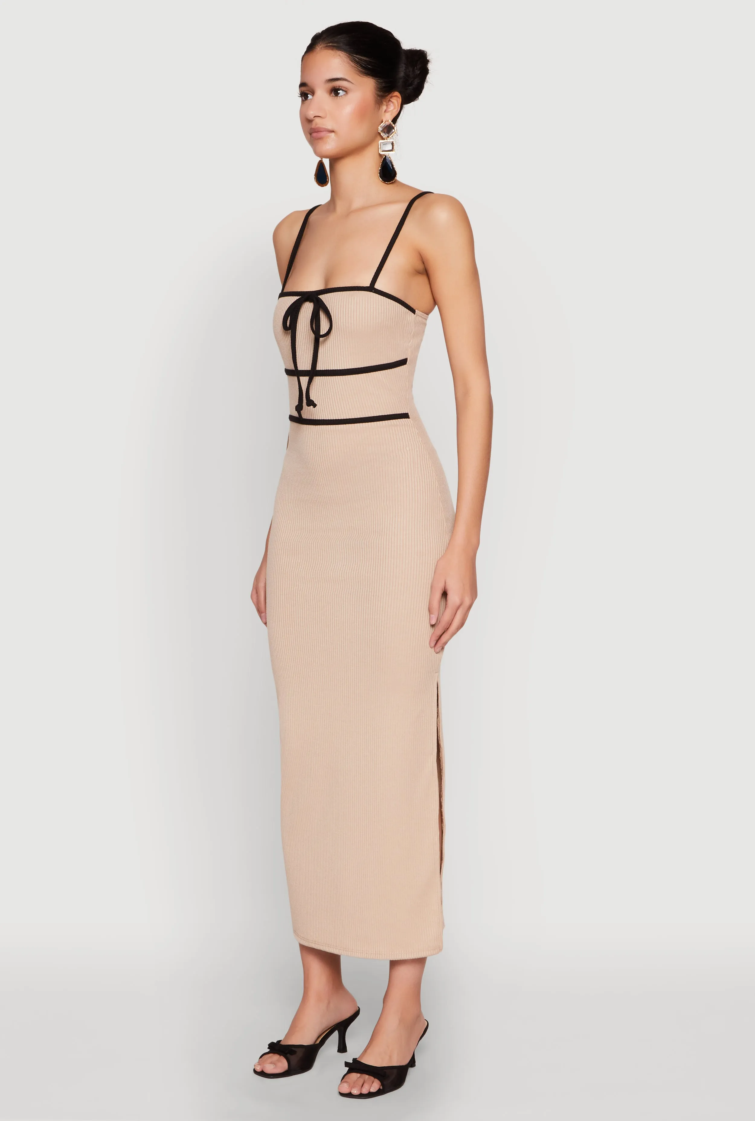 Contrast Trim Tie Front Side Slit Dress Blossom View Modern Edge