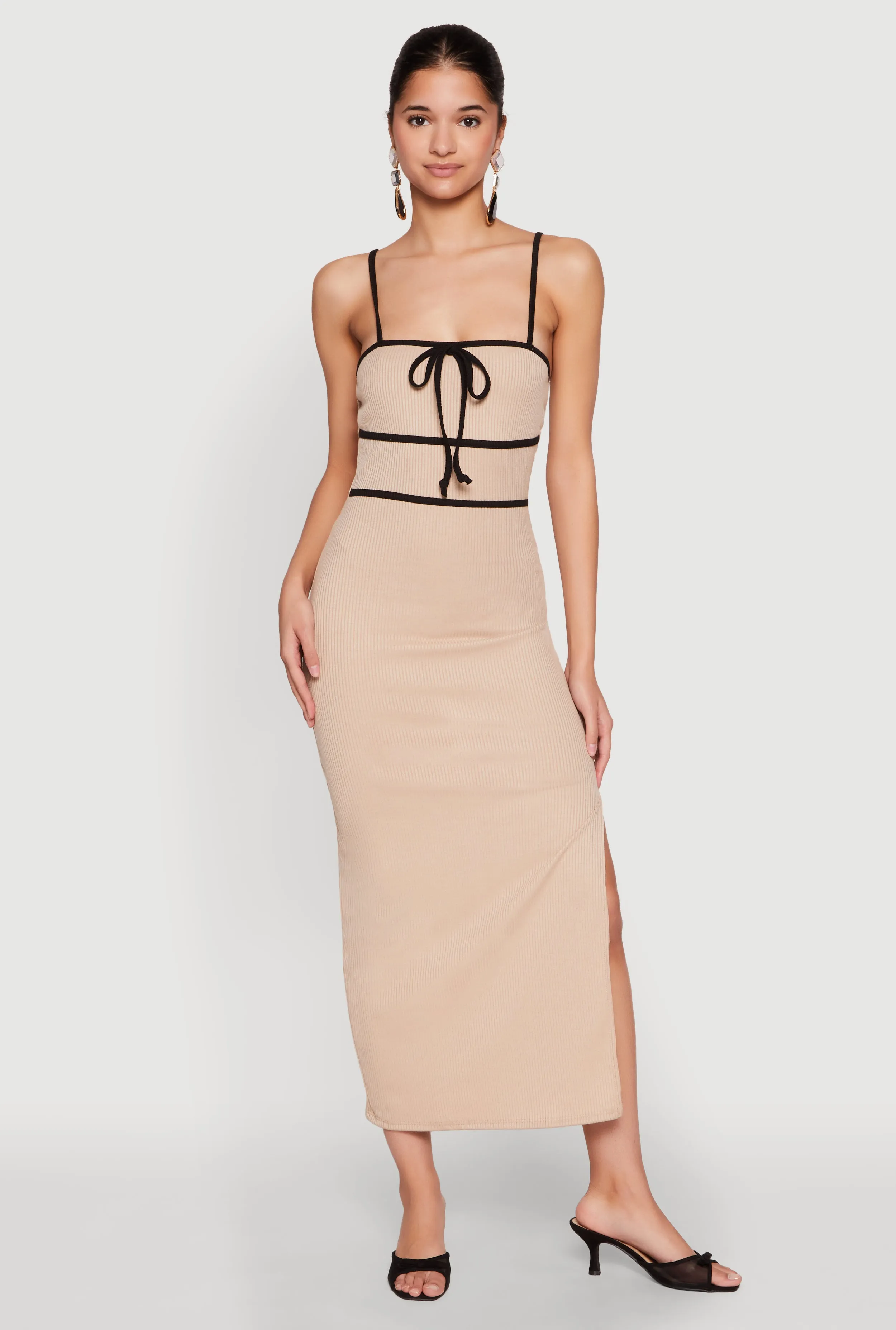 Chiffon Glow Contrast Trim Tie Front Side Slit Dress