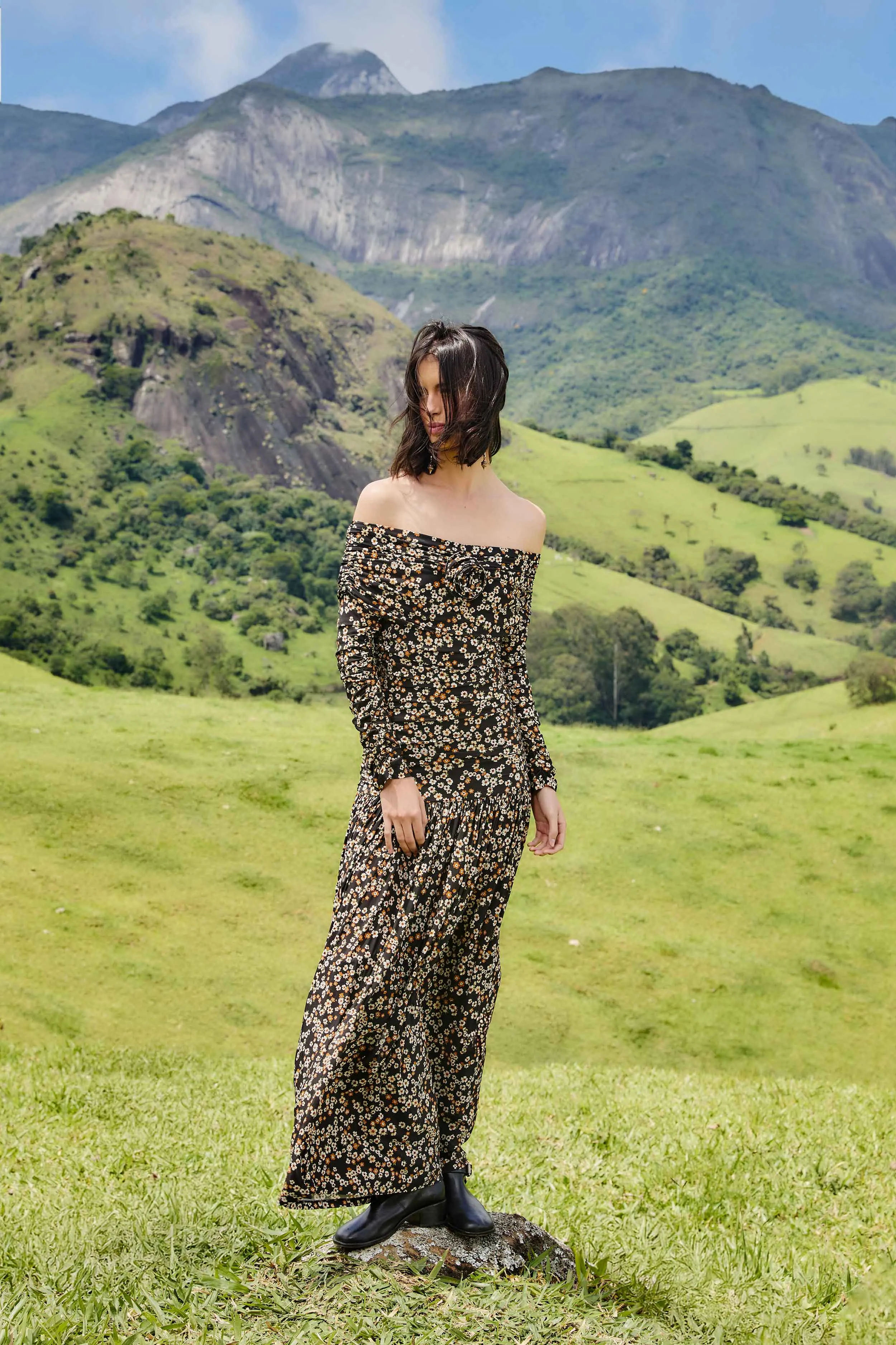 Photo Time Black Tiny Flowers Long Sleeve Maxi Dress