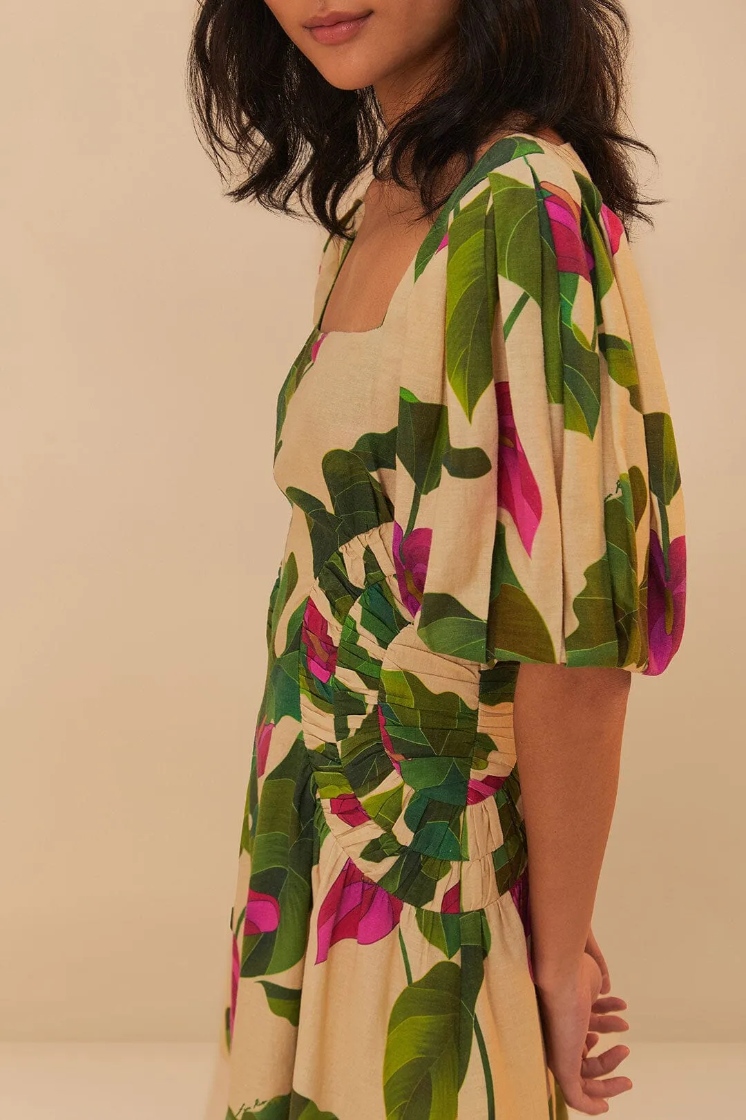 Anthurium Leaves Sand Short Sleeve Square Neckline Mini Dress Playful Fashion