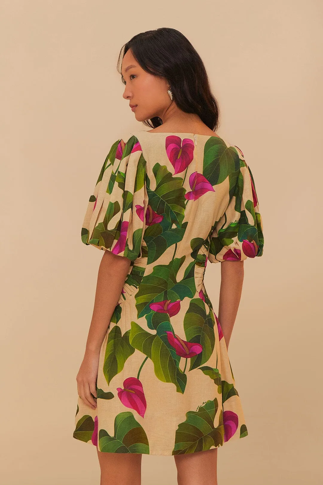 Odor Resistant Finish Anthurium Leaves Sand Short Sleeve Square Neckline Mini Dress
