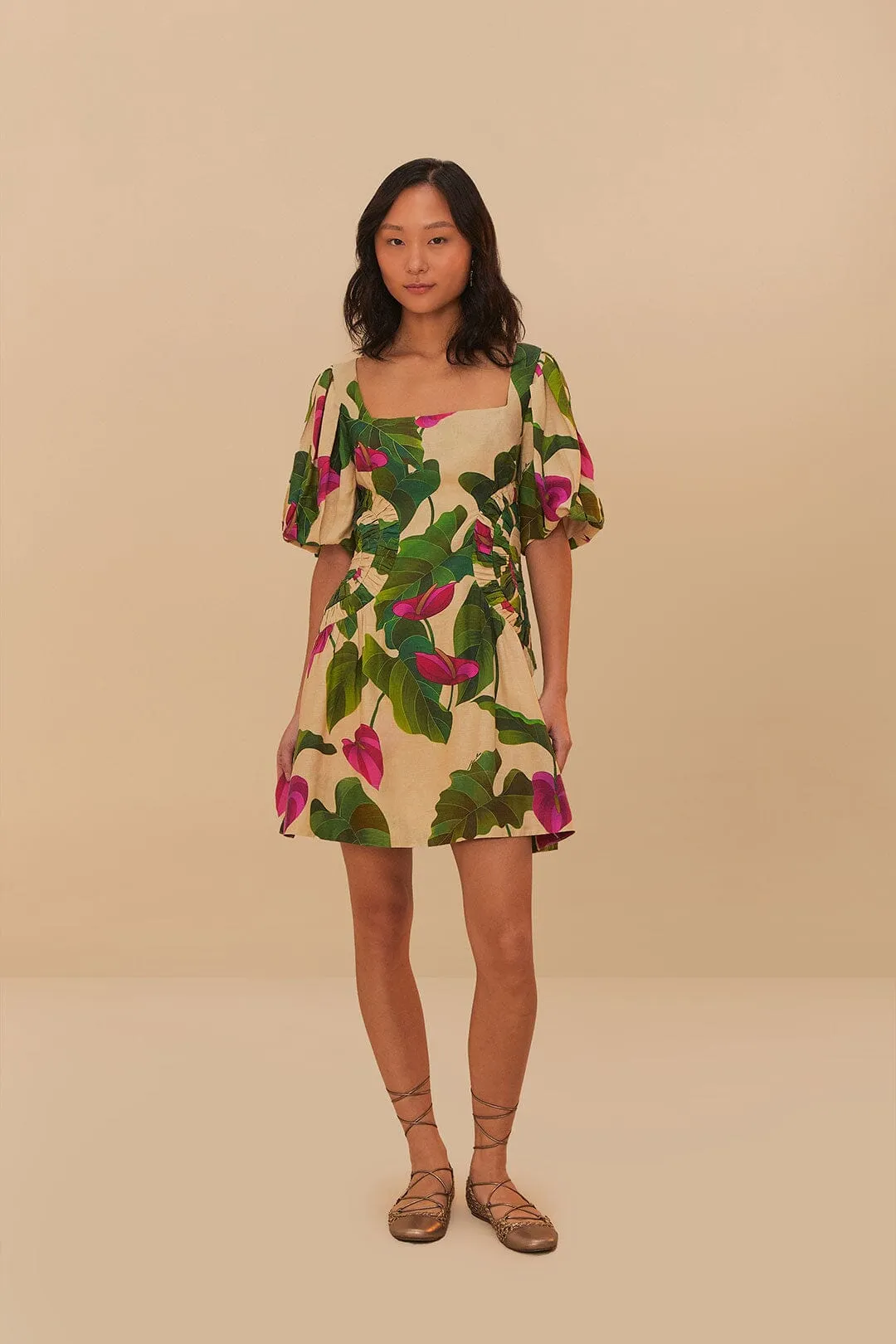 Anthurium Leaves Sand Short Sleeve Square Neckline Mini Dress Oversized Pocket Sassy Pop