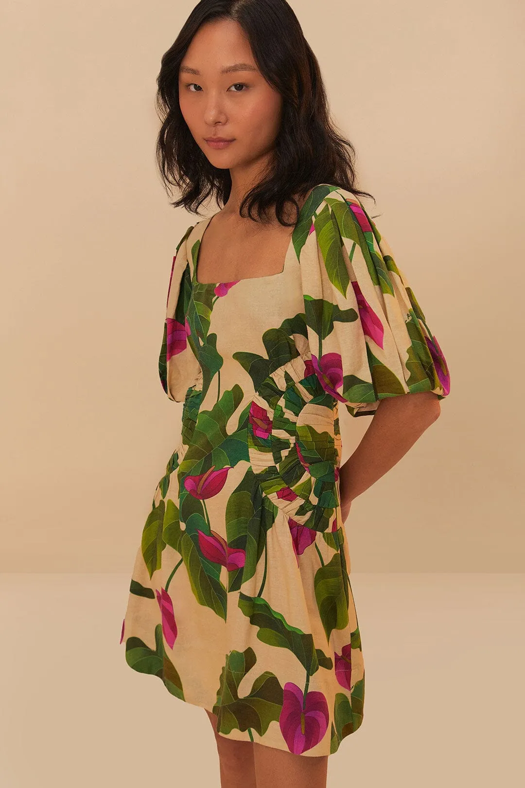 Quick Dry Textile Anthurium Leaves Sand Short Sleeve Square Neckline Mini Dress