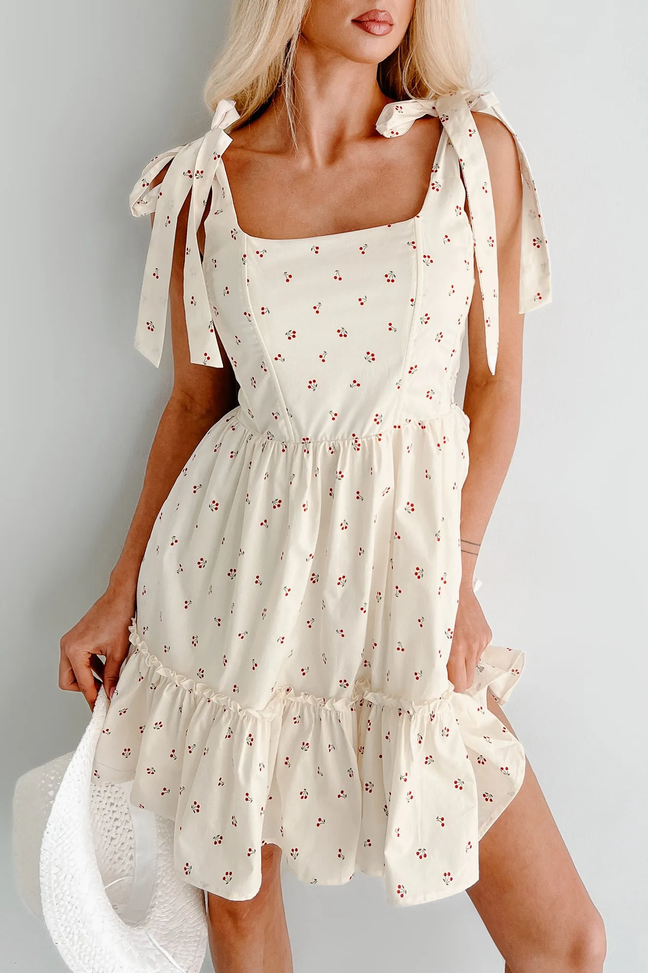 I'm All Yours Cherry Print Mini Dress (Cream) Reinforced Hemline Stylish short-sleeve mini