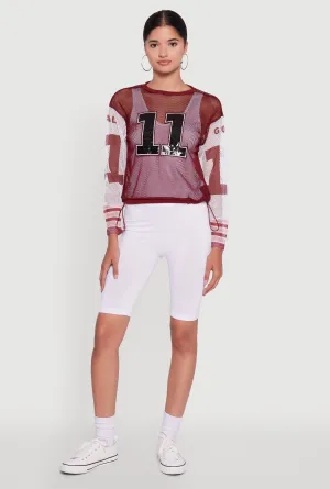 Oversized Cut Movie Night Number Sequin Fishnet Graphic Print Long Sleeve Top