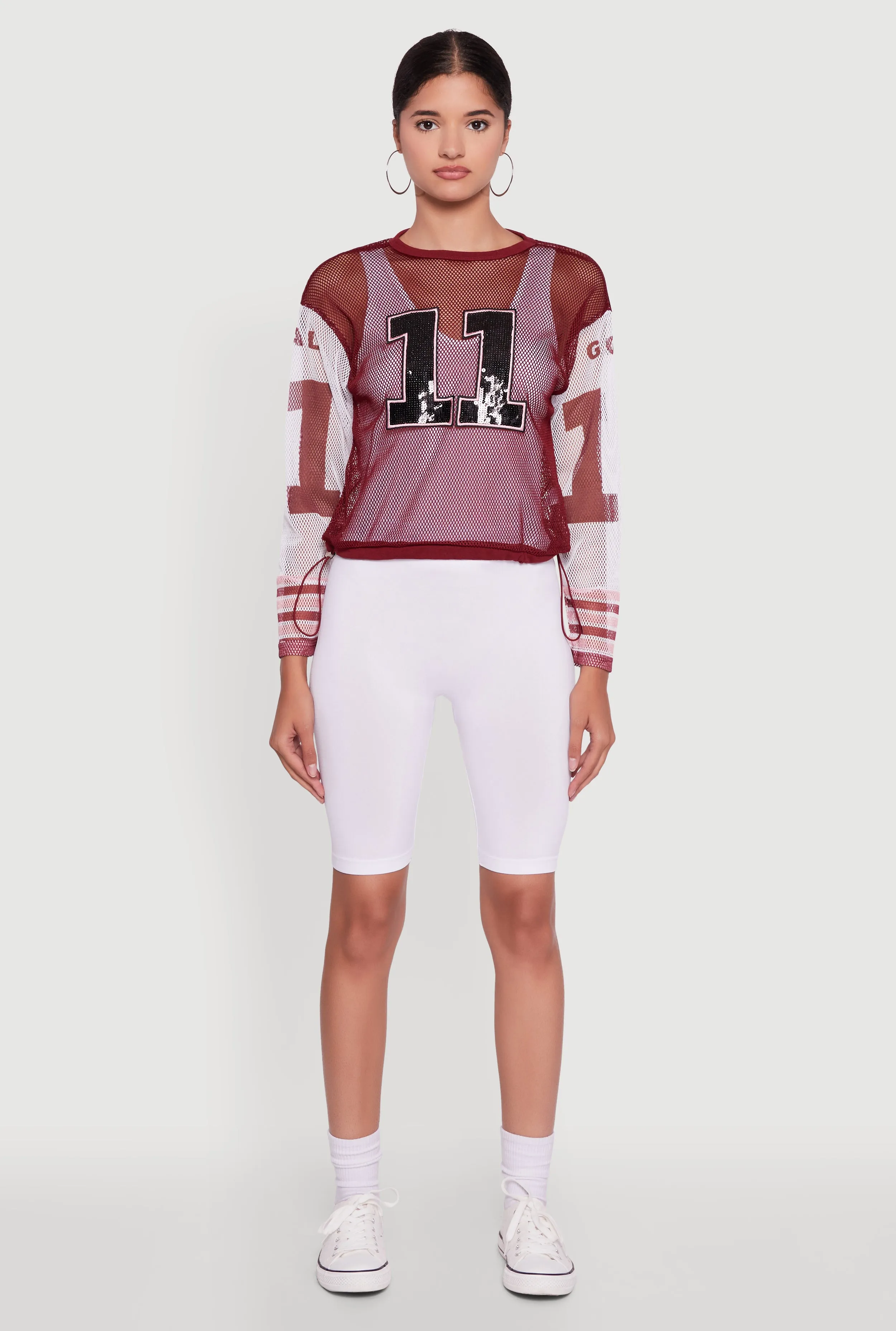 Streetwear Style Number Sequin Fishnet Graphic Print Long Sleeve Top