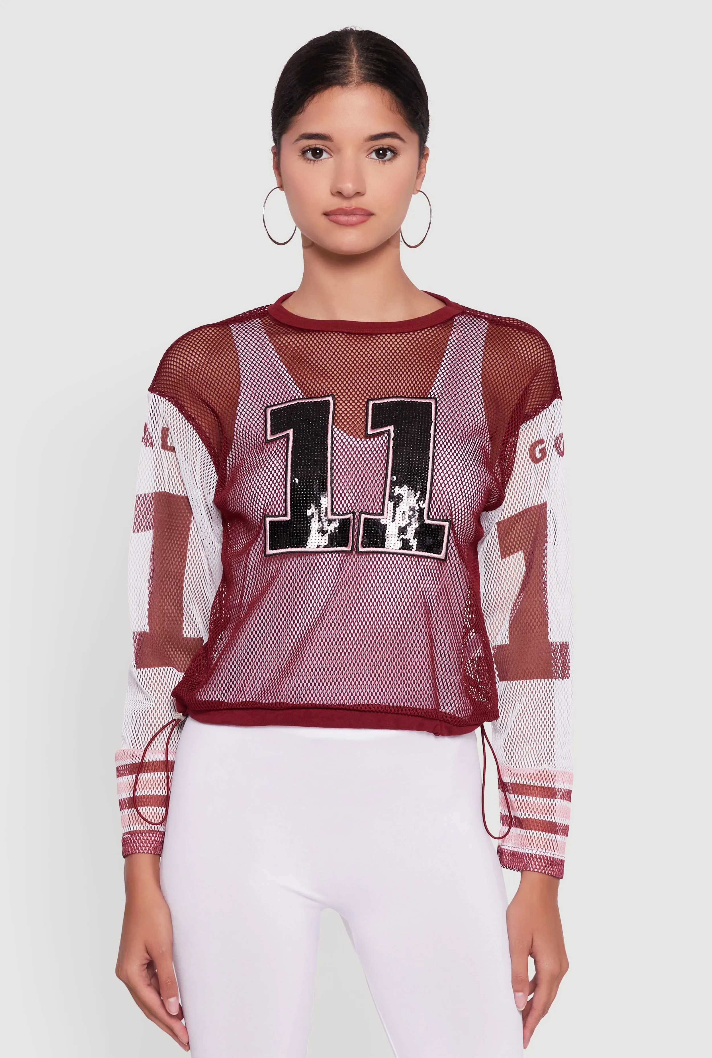 Number Sequin Fishnet Graphic Print Long Sleeve Top Cashmere combination