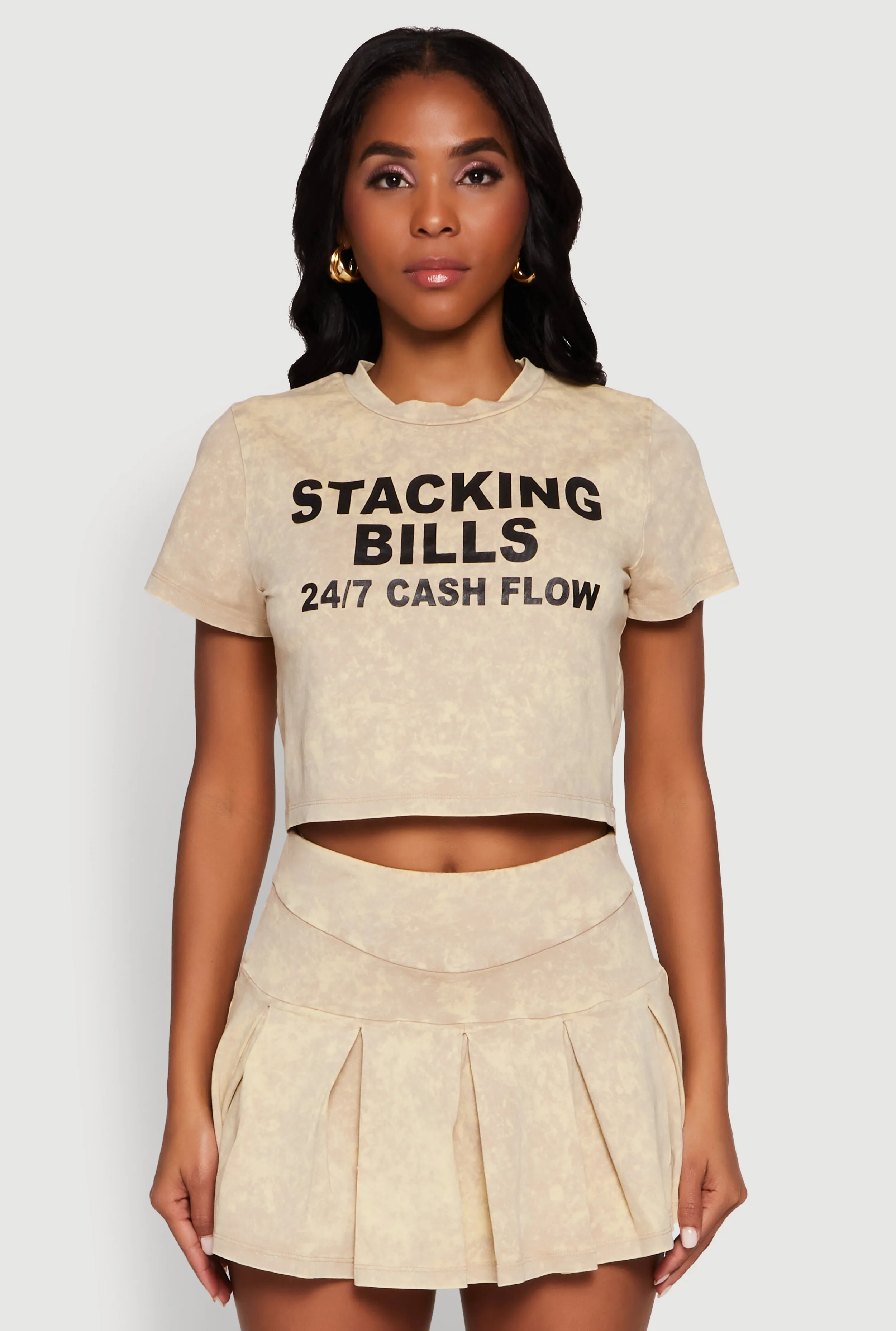 Smart Casual Trendy Mineral Wash Stacking Bills Graphic Crop Top