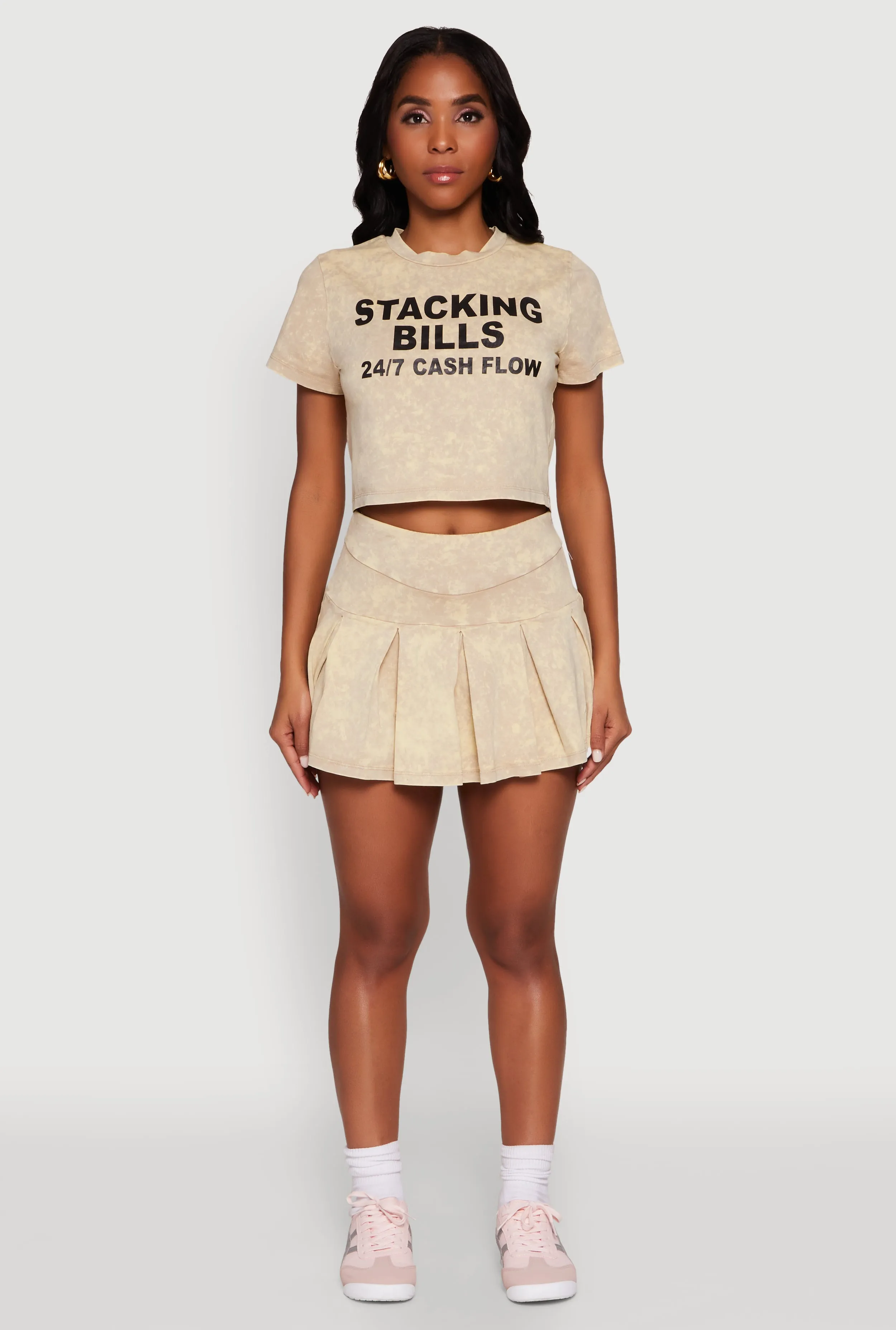 Side Vent Design Functional Style Trendy Mineral Wash Stacking Bills Graphic Crop Top