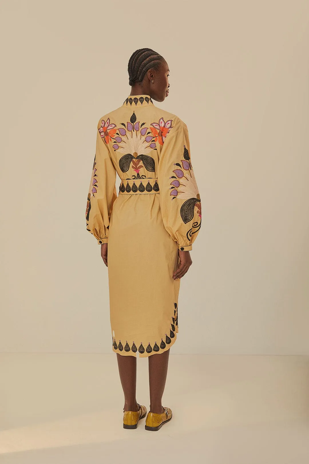Khaki Flower Bird Embroidered Midi Dress Wrinkle Resistant Polished Fashion