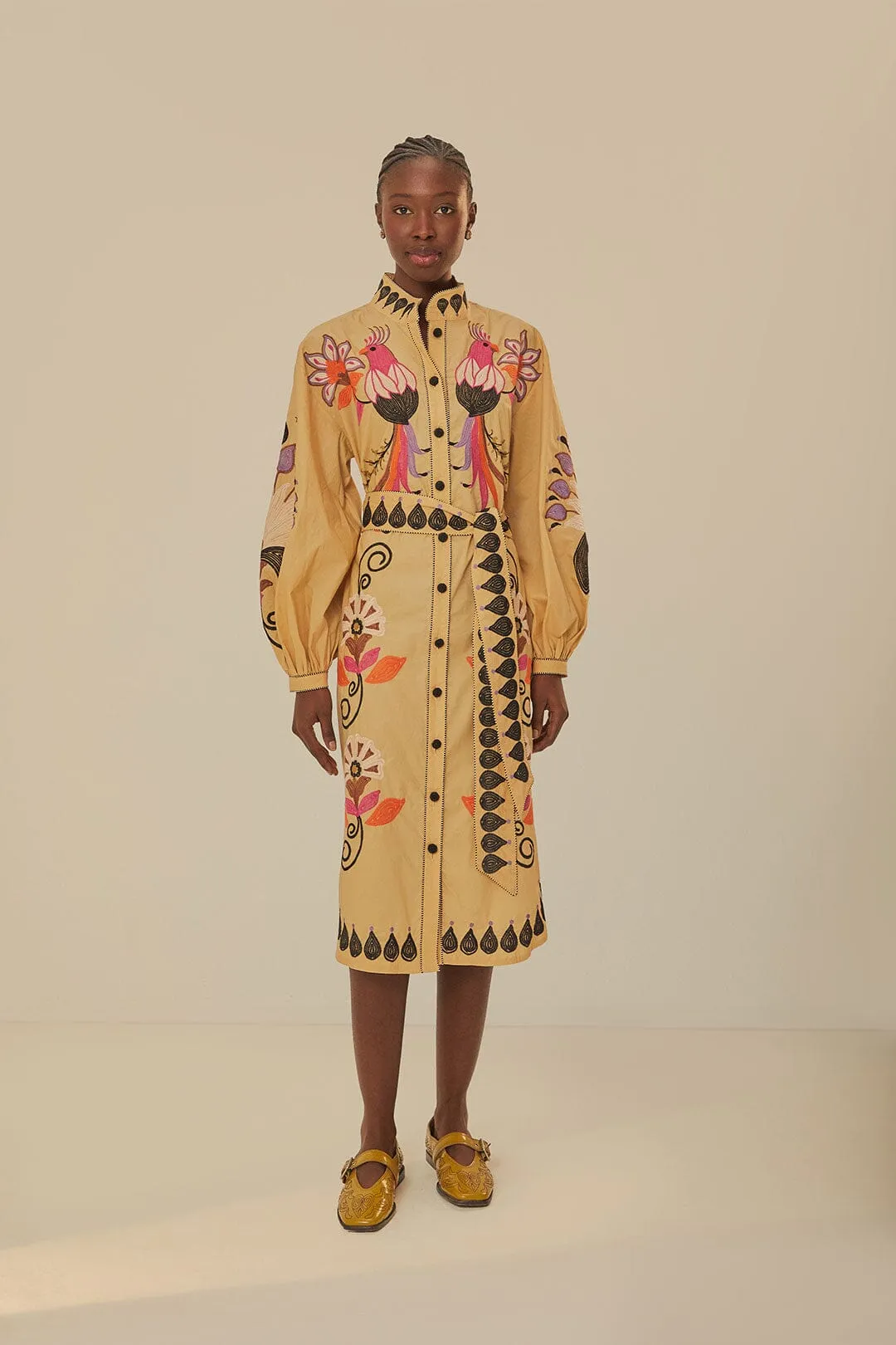 Fashion Essential Khaki Flower Bird Embroidered Midi Dress