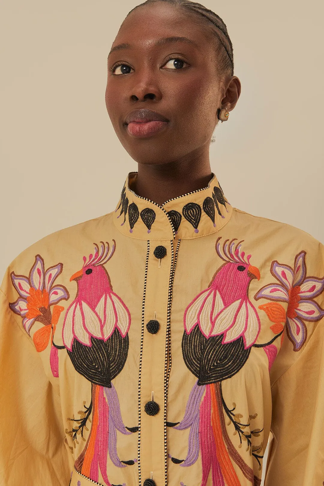 Feminine stylish midi Khaki Flower Bird Embroidered Midi Dress