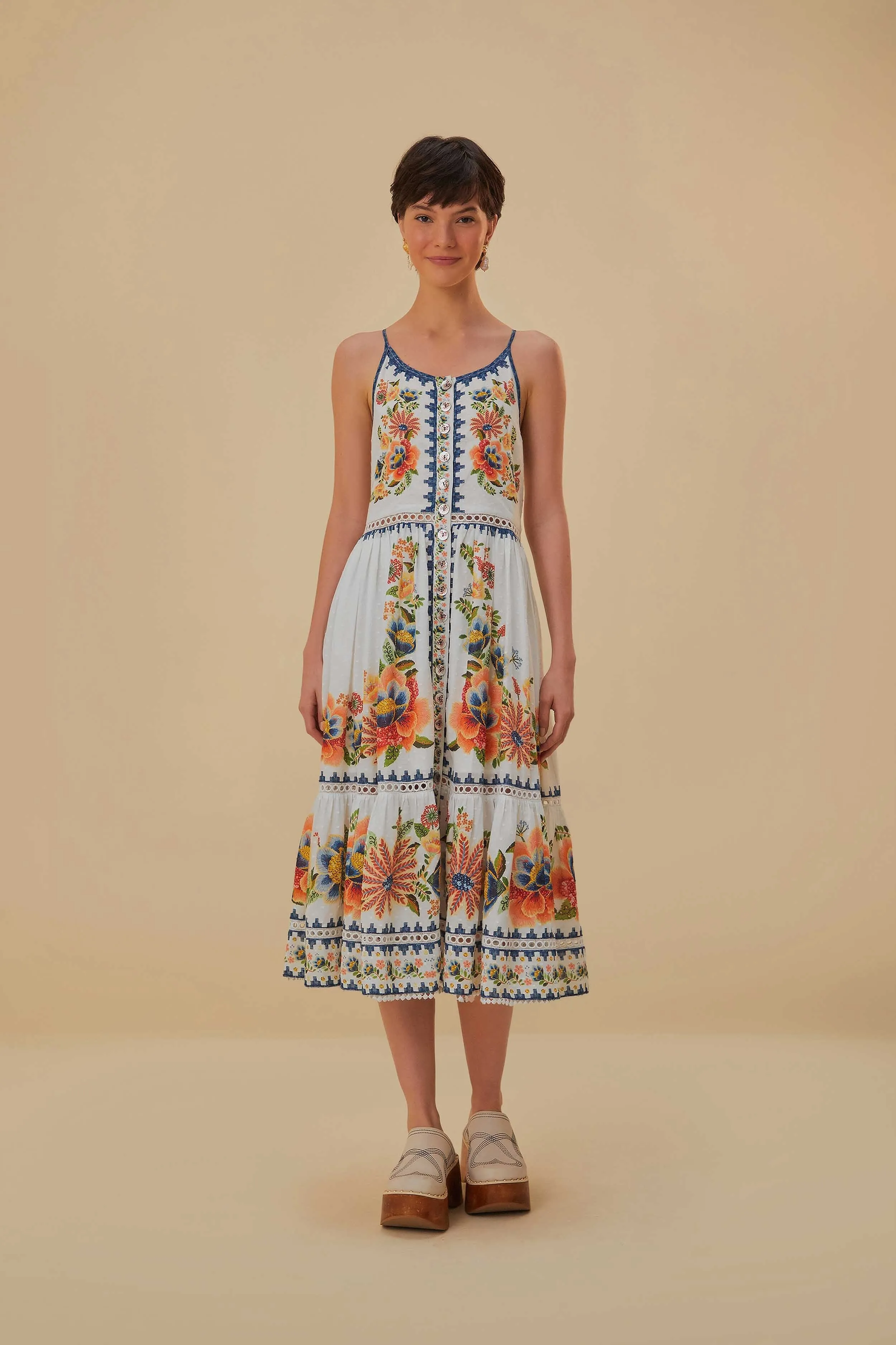 Off-White Delicate Garden Midi Dress Classic Cool Comfortable daytime dress