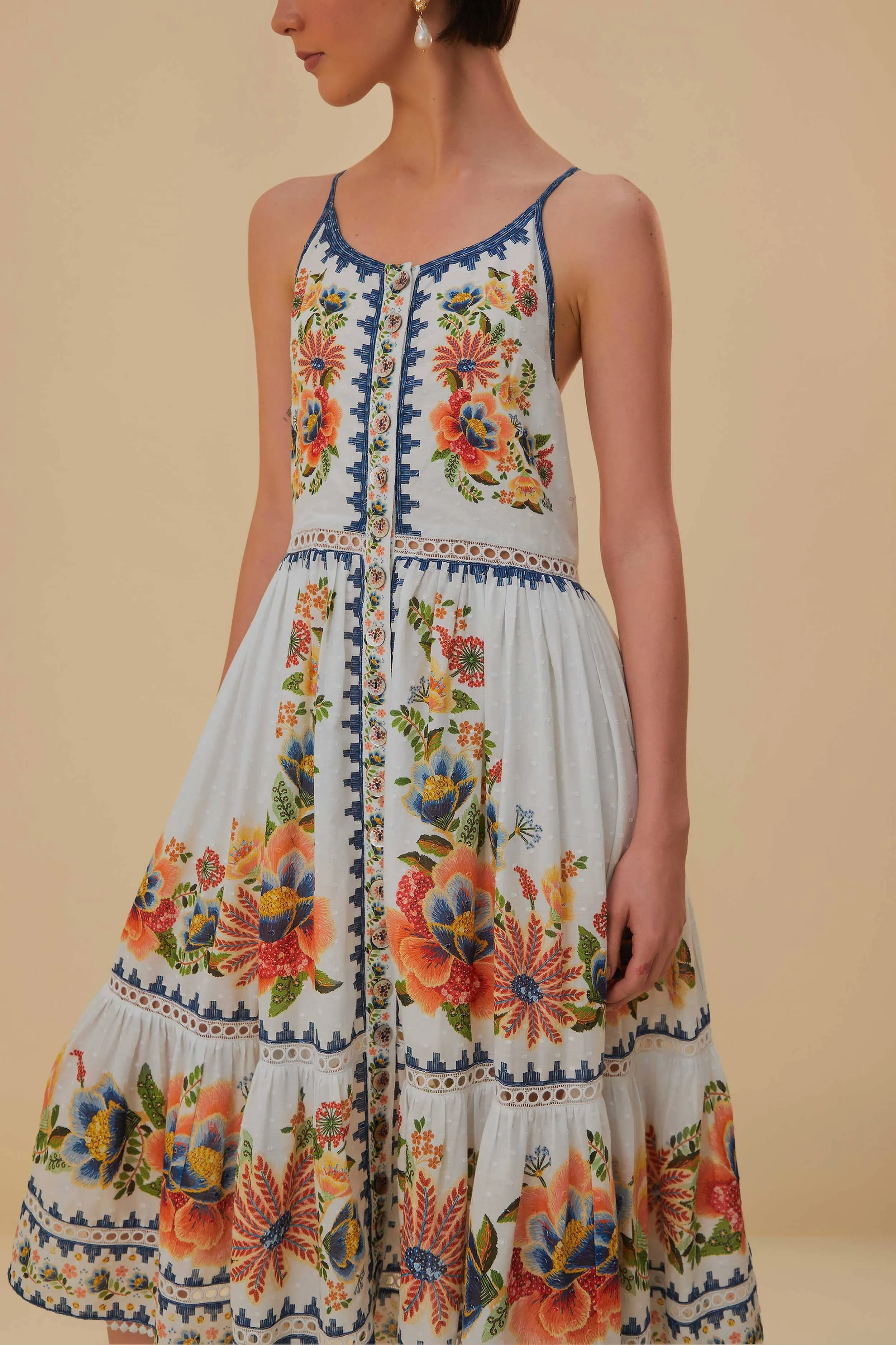 Wrinkle Resistant Off-White Delicate Garden Midi Dress