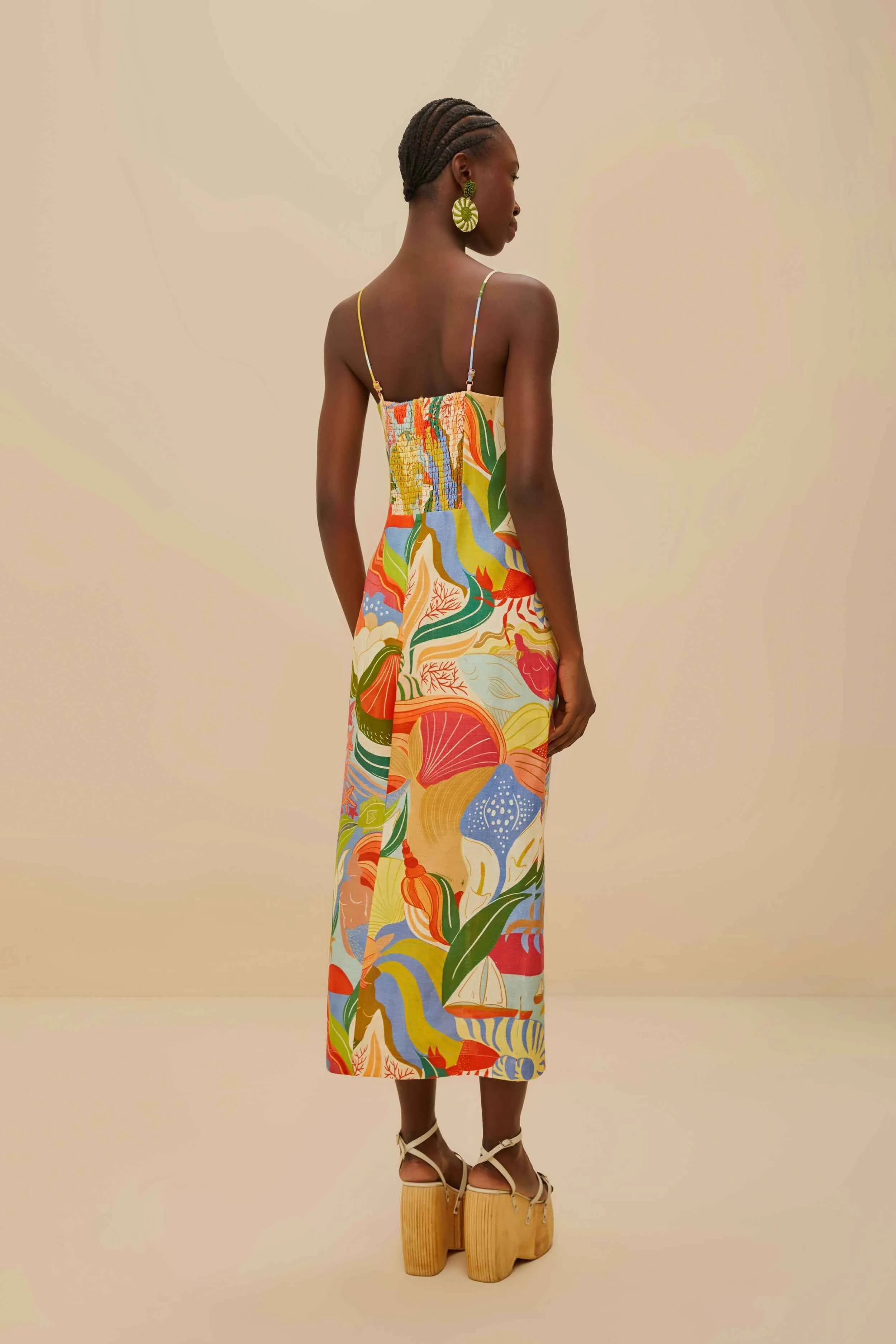 Multicolor Ocean View Twisted Cups Euroflax? Premium Linen Midi Dress Glacier Edge light layering