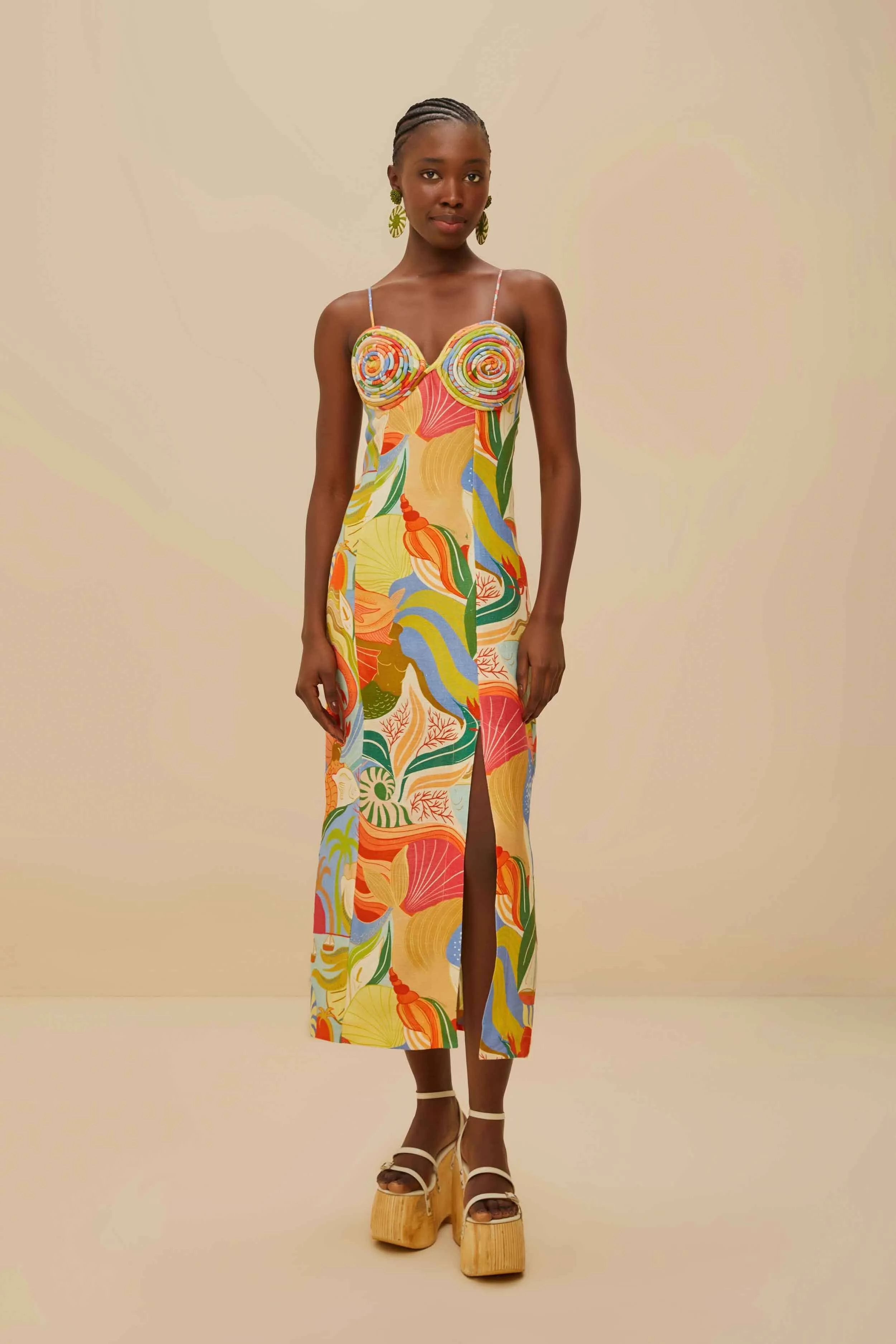 Timeless Silhouettes Sophisticated Design Multicolor Ocean View Twisted Cups Euroflax? Premium Linen Midi Dress