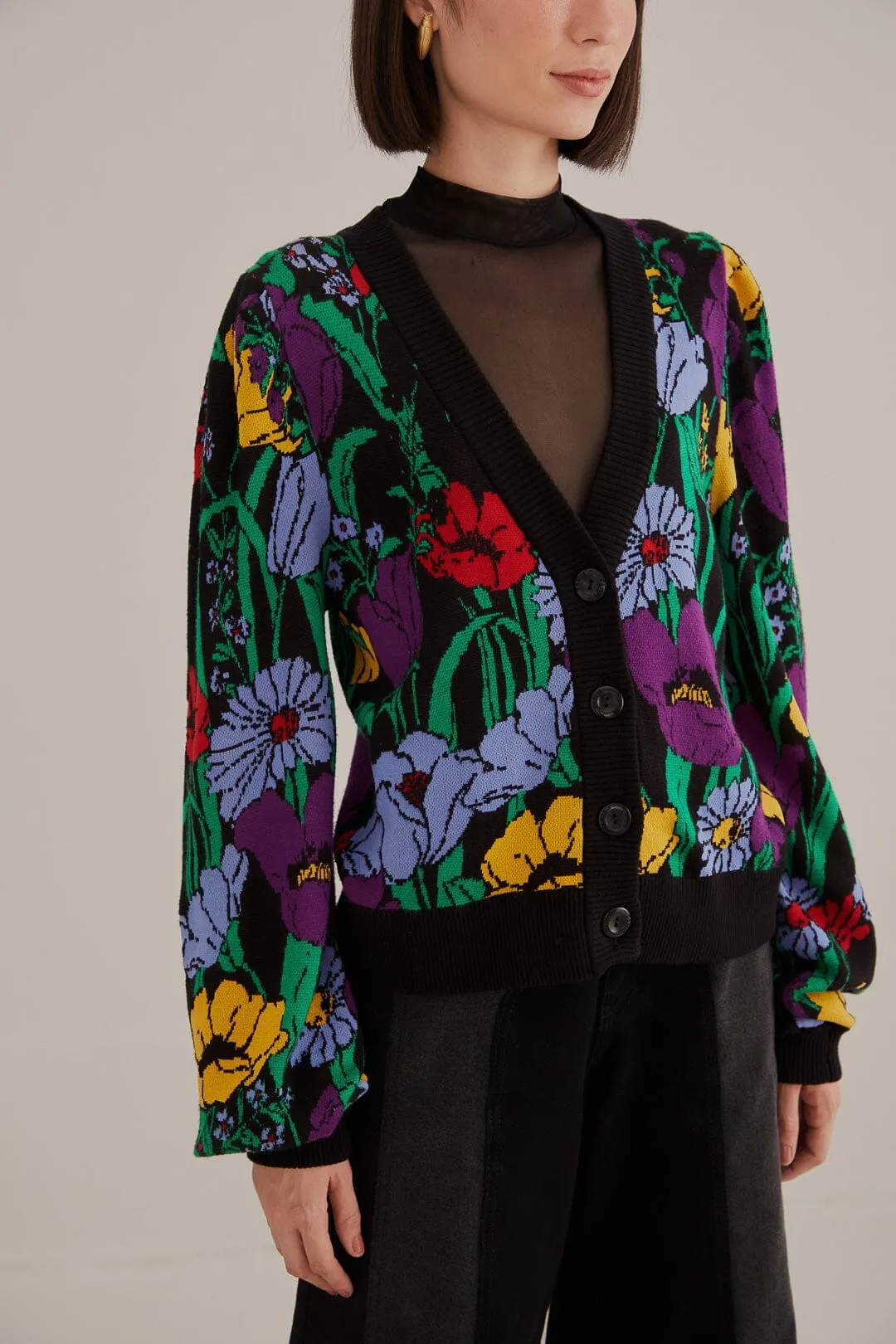 Wave Touch Black Bucolic Garden Knit Cardigan